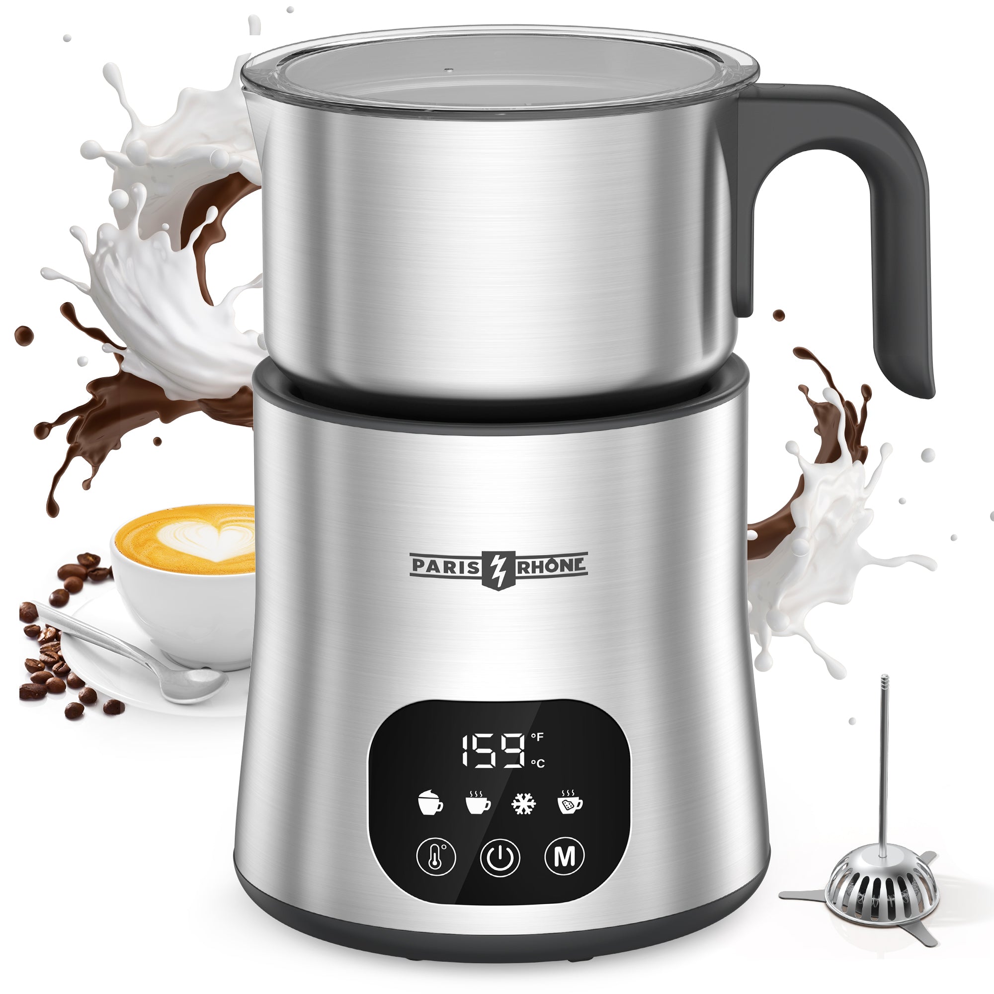 Milk Frother and Steamer, PARIS RHÔNE 4 in 1 Variable Temp Milk Steamer, 650ml Smart Touch Control Milk Warmer, Dishwasher Safe, Memory Function for Latte & Hot Chocolate