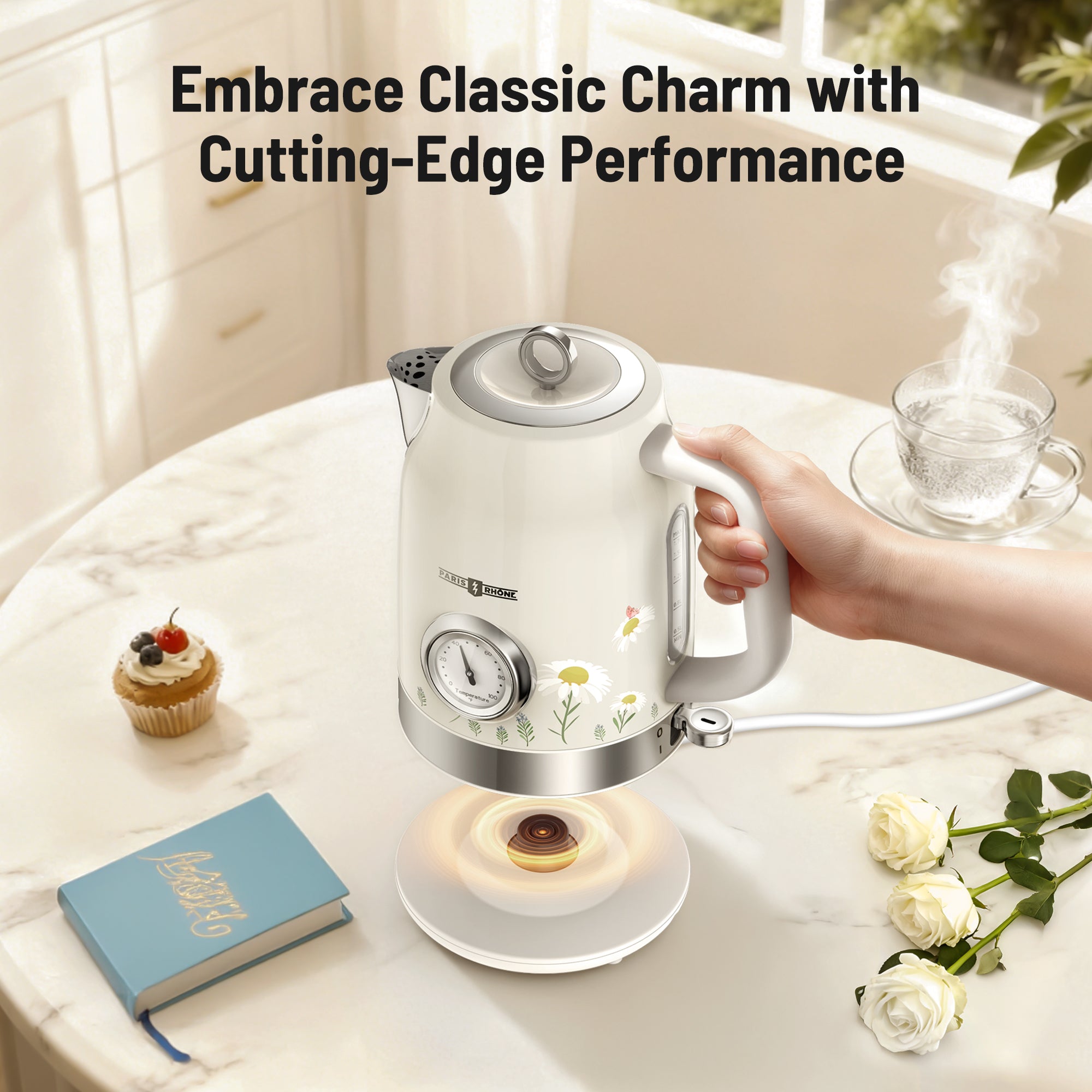 Electric Kettle, 1500W Hot Tea Kettle with Thermometer, Fast Heating, Cordless Design, LED Indicator, Auto Shut-Off & Boil Dry Protection