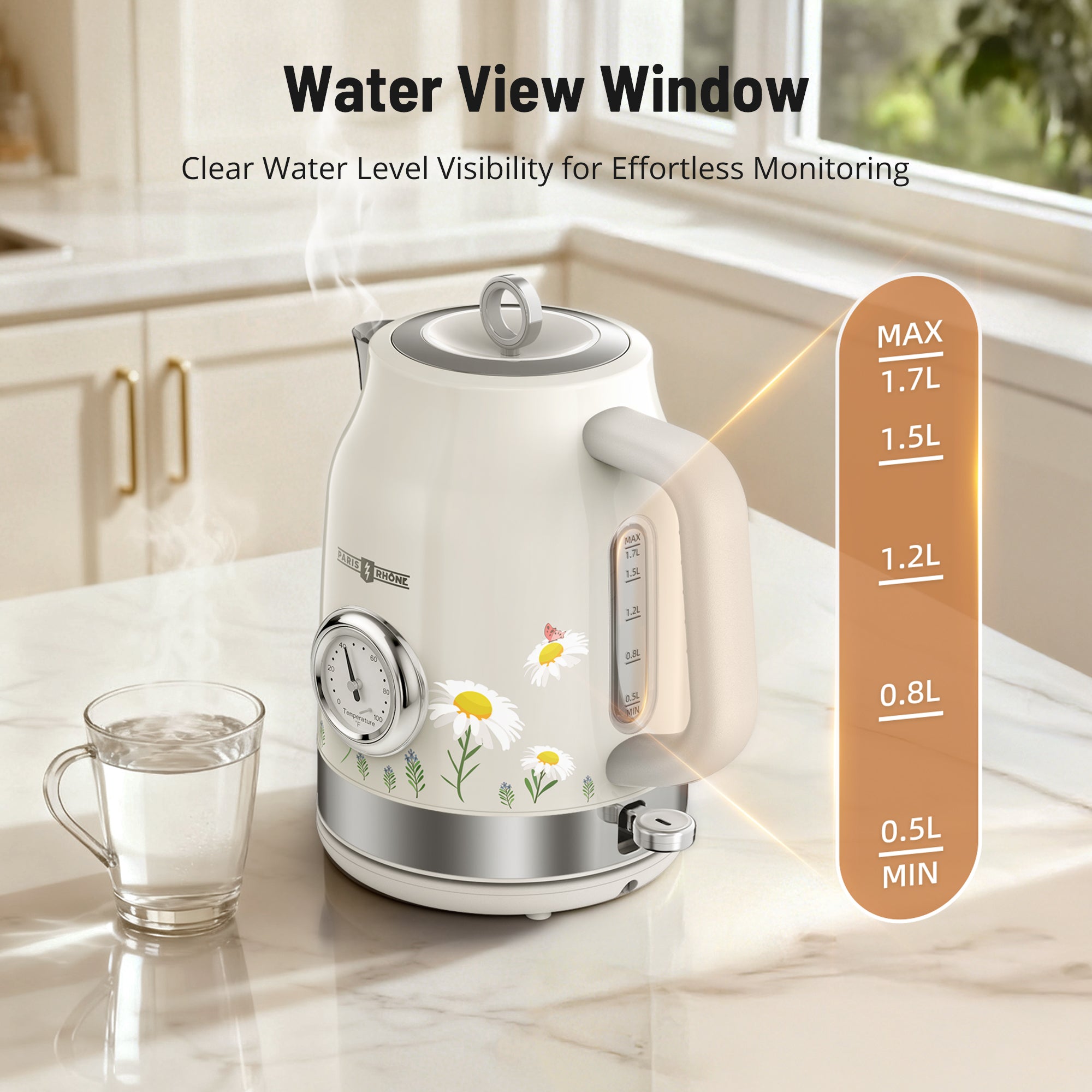 Electric Kettle, 1500W Hot Tea Kettle with Thermometer, Fast Heating, Cordless Design, LED Indicator, Auto Shut-Off & Boil Dry Protection