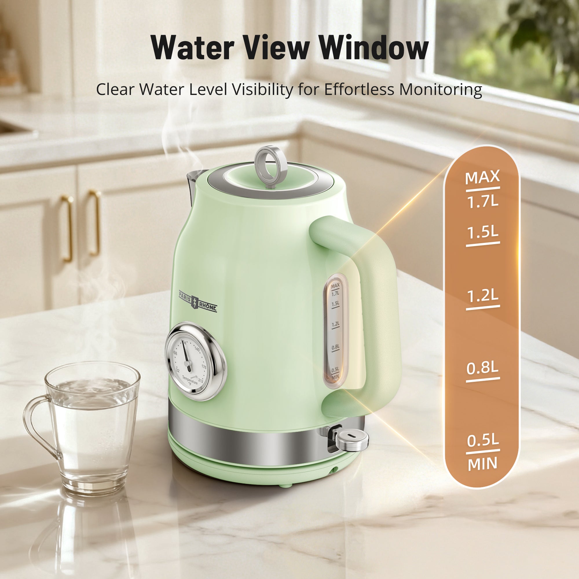 Electric Kettle PE-EK025, 1500W Hot Tea Kettle with Thermometer, Fast Heating, Cordless Design, LED Indicator, Auto Shut-Off & Boil Dry Protection (Copy)