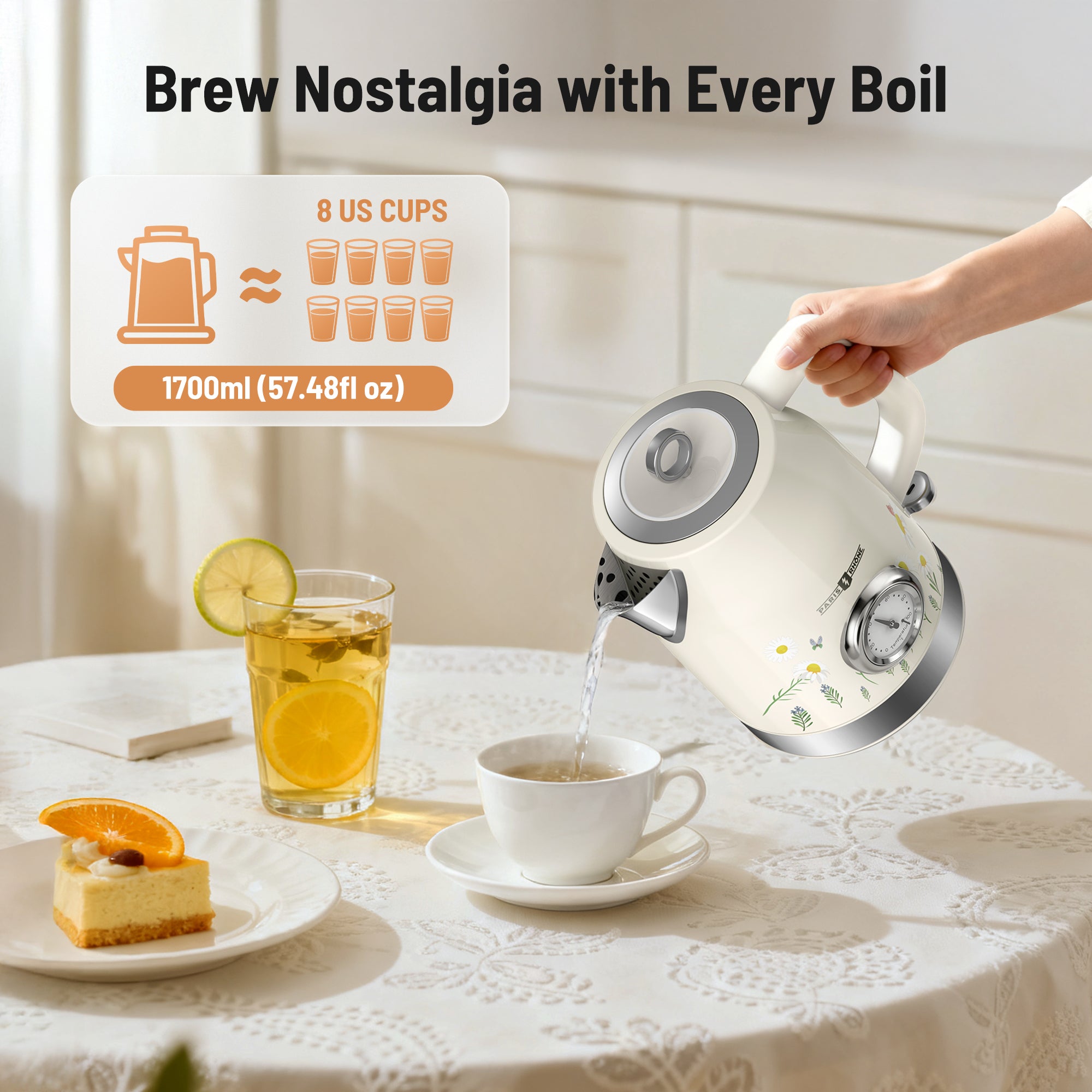 Electric Kettle, 1500W Hot Tea Kettle with Thermometer, Fast Heating, Cordless Design, LED Indicator, Auto Shut-Off & Boil Dry Protection