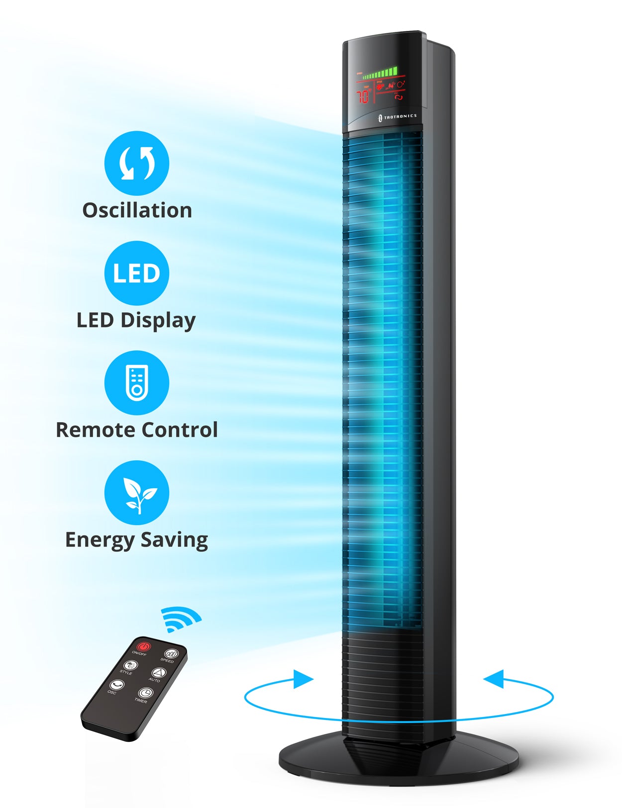 TaoTronics Tower Fan 002,36” Oscillating Tower Fan with Remote, 9 Modes, Large LED Display, 12-Hour Timer ,WM