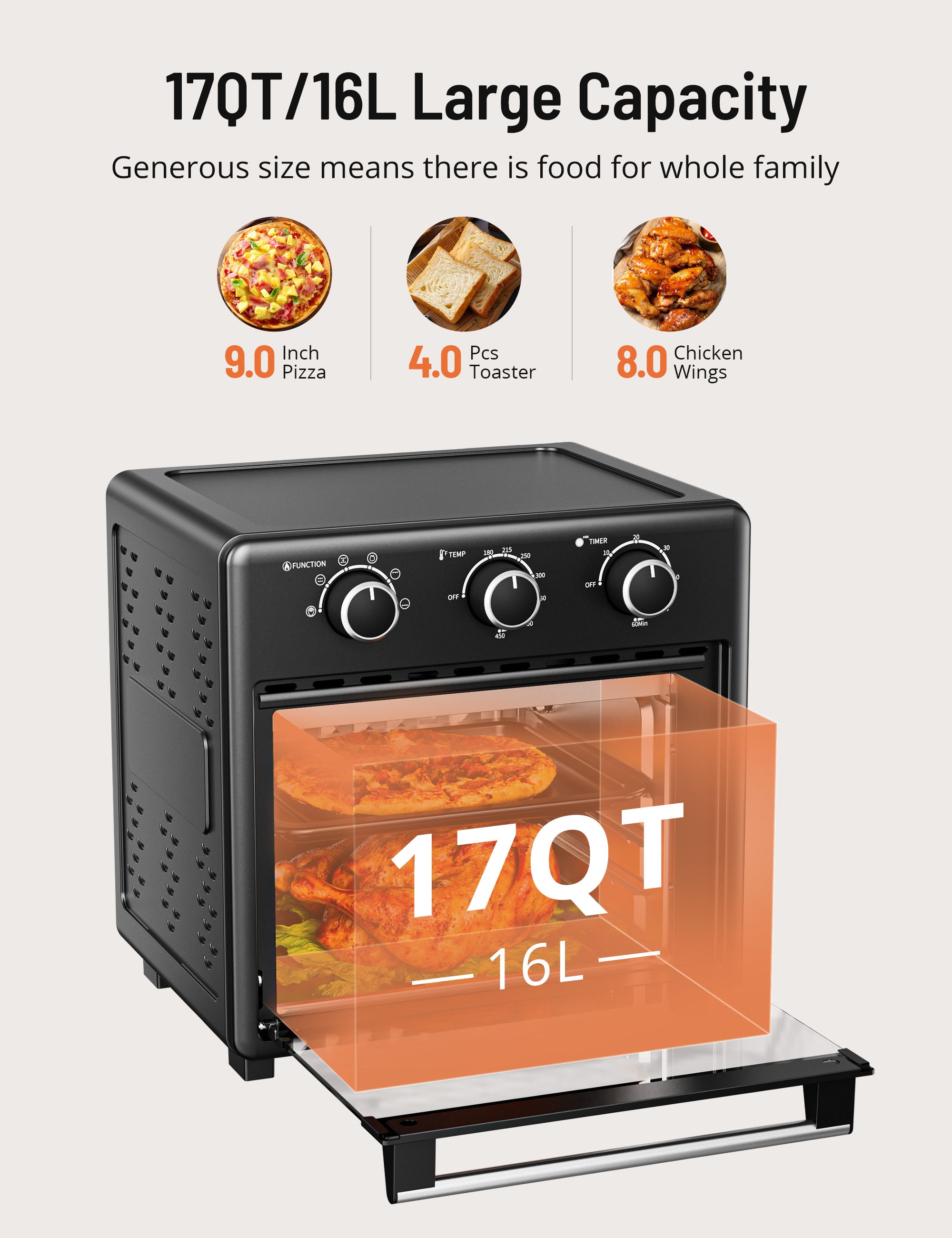 TaoTronics Air Fryer Toaster Oven - 17QT Convection Oven, 11-in-1 Steam Oven, Oven Oil-less Cooker with Rotisserie Shaft WM