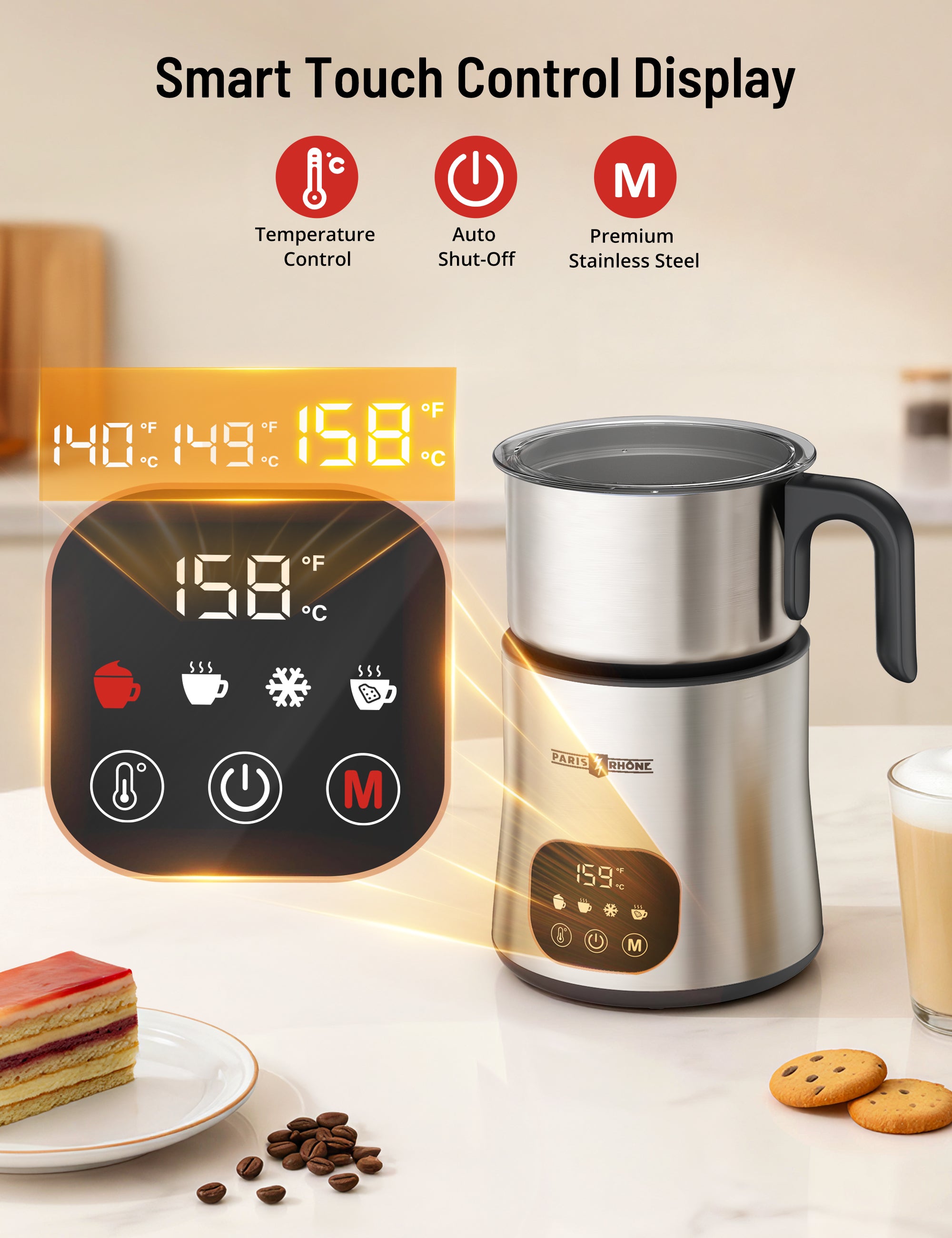 Milk Frother and Steamer, PARIS RHÔNE 4 in 1 Variable Temp Milk Steamer, 650ml Smart Touch Control Milk Warmer, Dishwasher Safe, Memory Function for Latte & Hot Chocolate