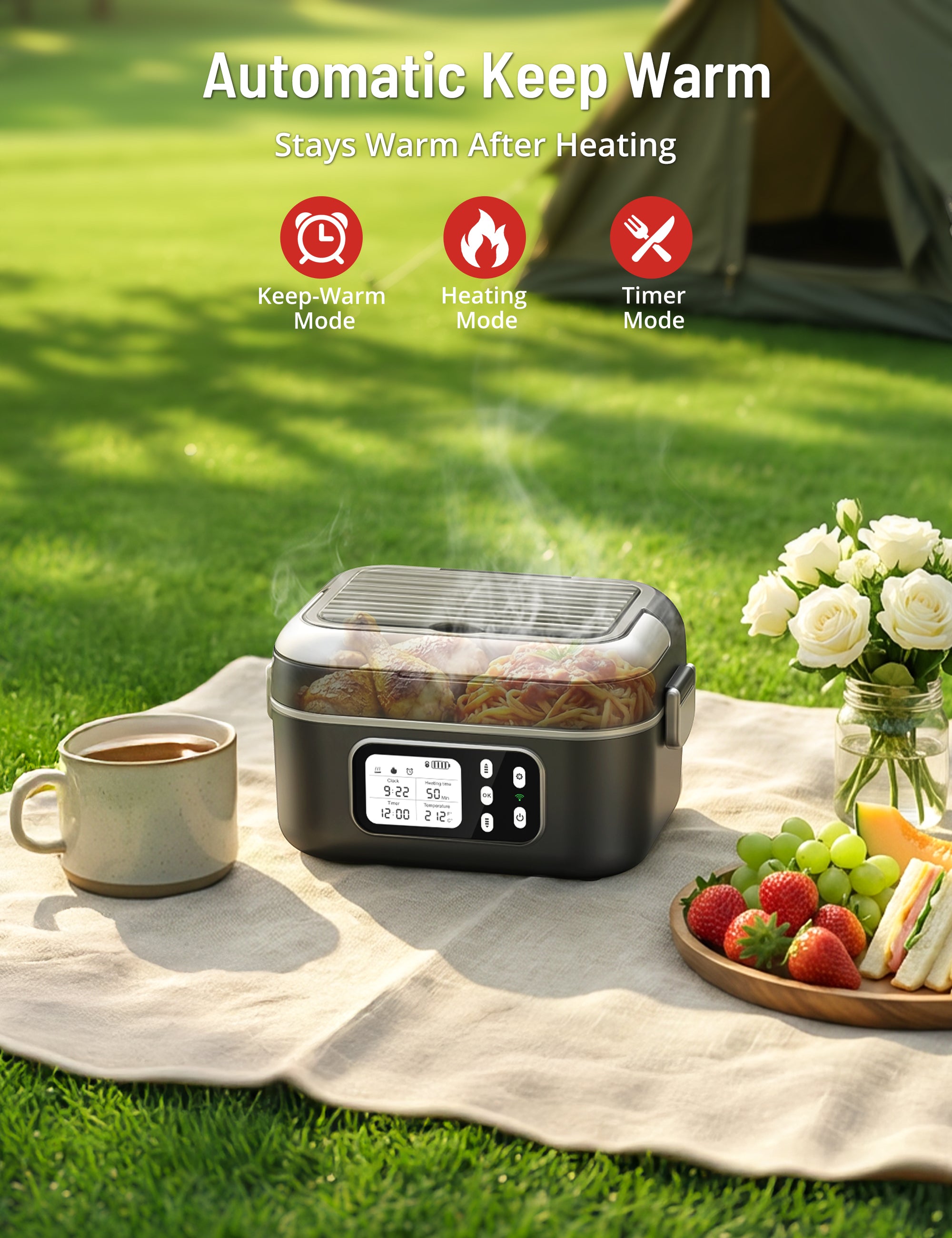 PARIS RHÔNE Cordless Electric Lunch Box for Adults, Heated Lunch Box Battery Powered with Automatic Heating, 6 Cups Portable Food Warmer with Removable Tray Divider
