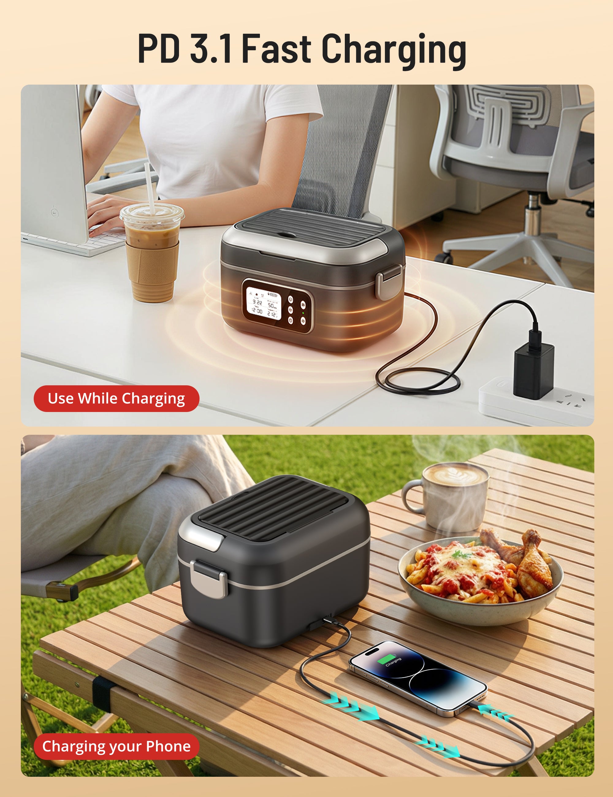 Cordless Electric Lunch Box for Adults, 1.5L Self-Heating Food Warmer with 27000mAh Battery, 6-Cup Capacity, Portable Heated Lunch Box with Removable Divider