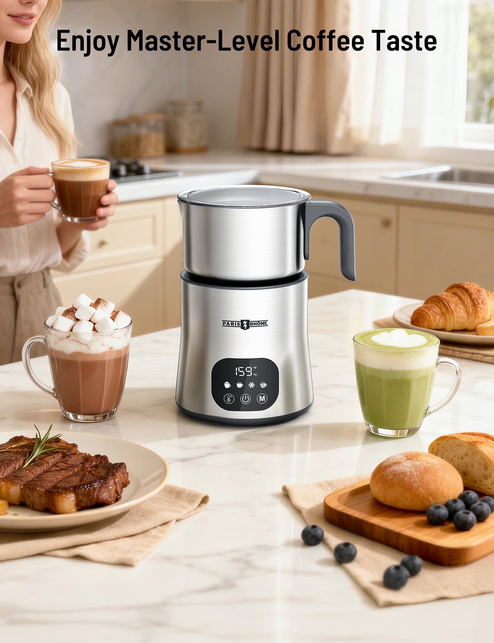 Milk Frother and Steamer, PARIS RHÔNE 4 in 1 Variable Temp Milk Steamer, 650ml Smart Touch Control Milk Warmer, Dishwasher Safe, Memory Function for Latte & Hot Chocolate