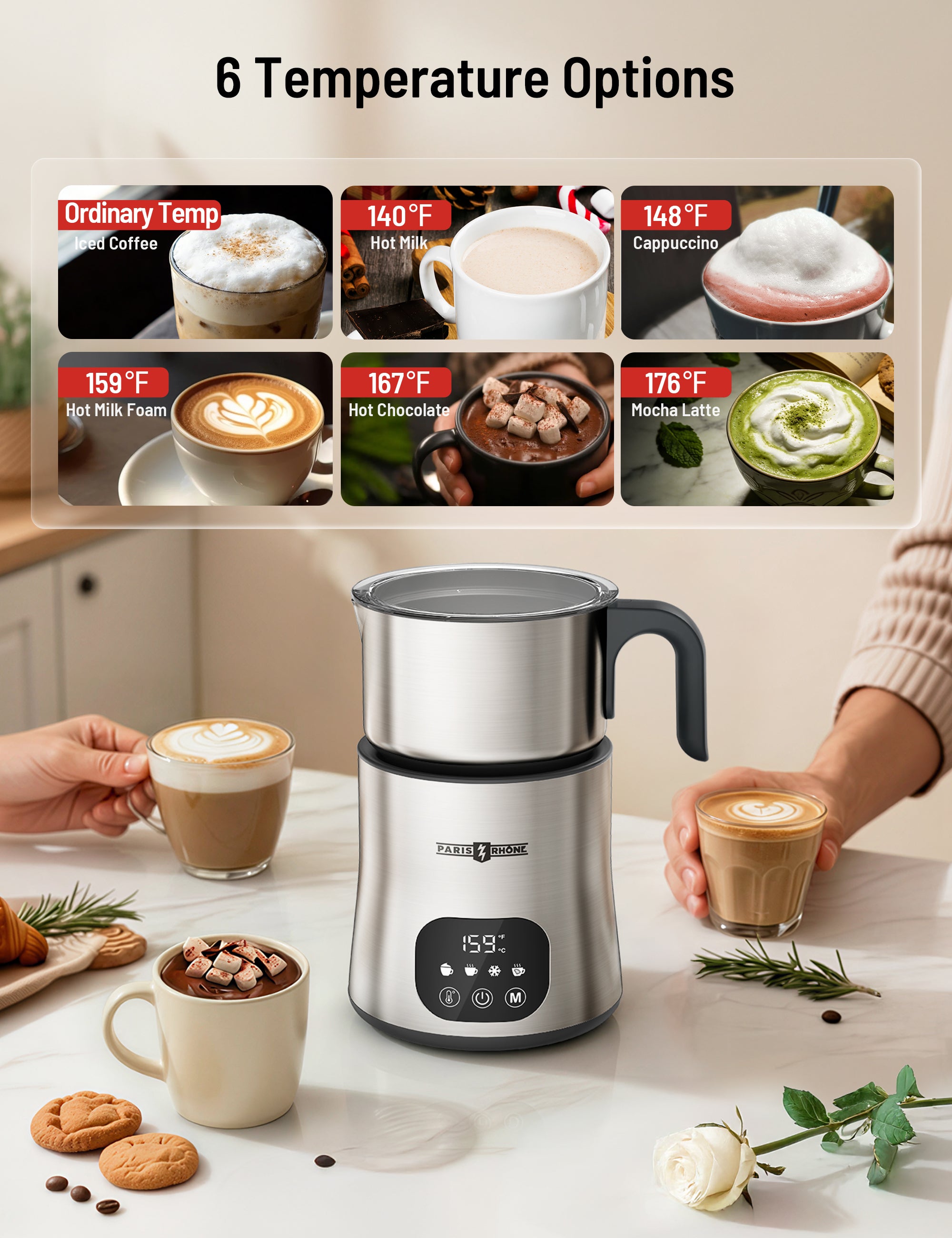 Milk Frother and Steamer, PARIS RHÔNE 4 in 1 Variable Temp Milk Steamer, 650ml Smart Touch Control Milk Warmer, Dishwasher Safe, Memory Function for Latte & Hot Chocolate
