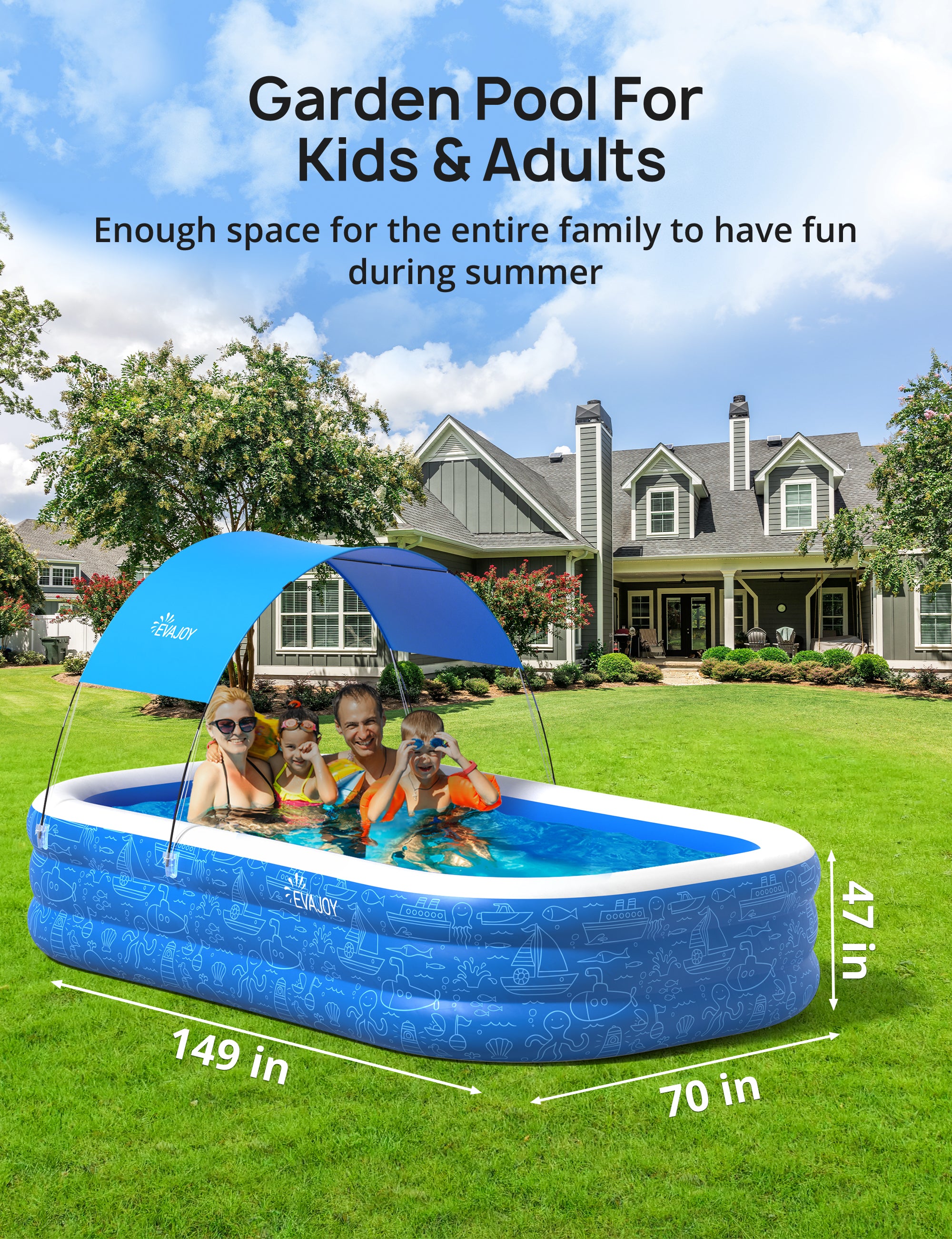 Large Inflatable Swimming Pool with Canopy, 150” x 70” x 20” Full-Sized Inflatable Pool for Kids & Adults WM