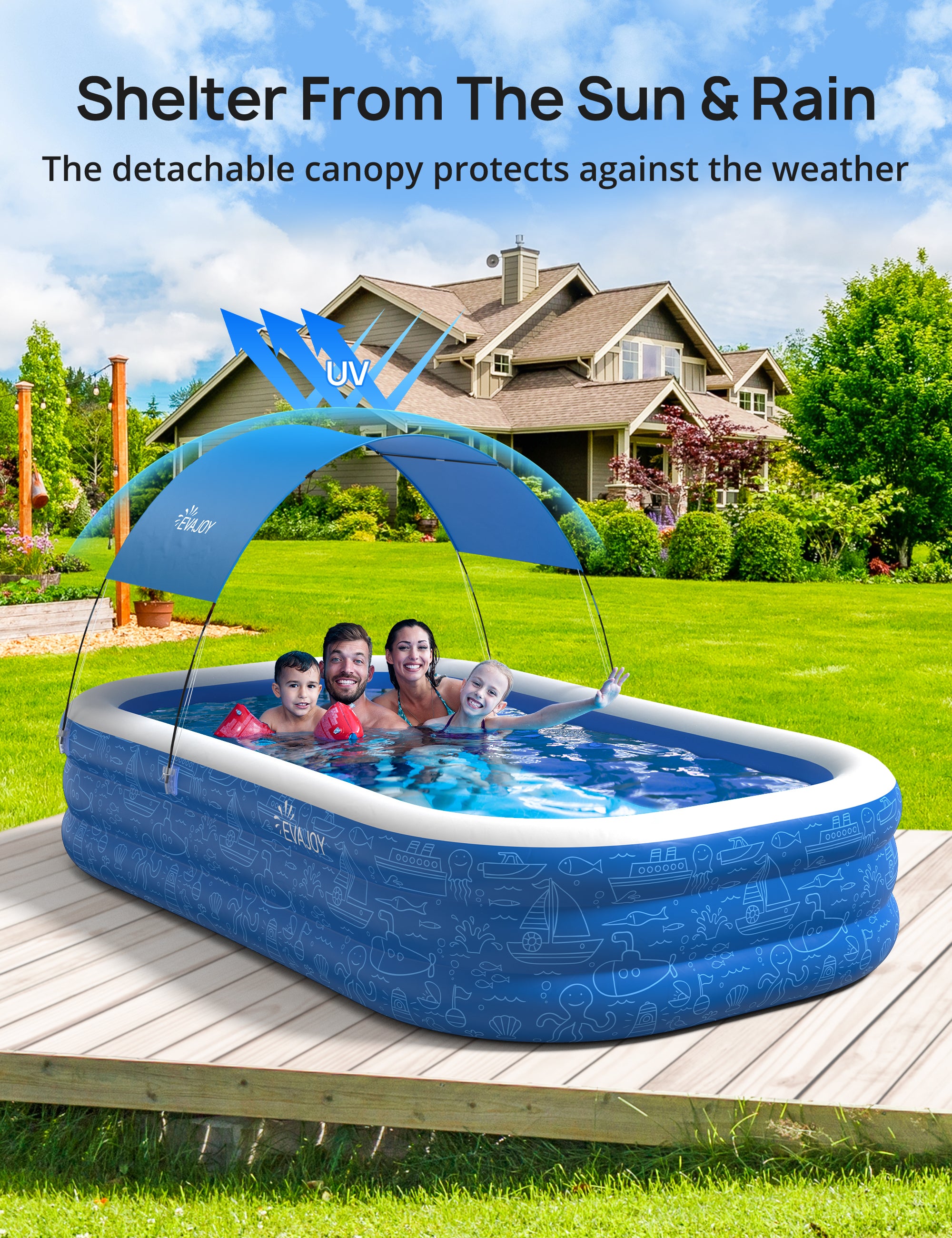 Large Inflatable Swimming Pool with Canopy, 150” x 70” x 20” Full-Sized Inflatable Pool for Kids & Adults WM