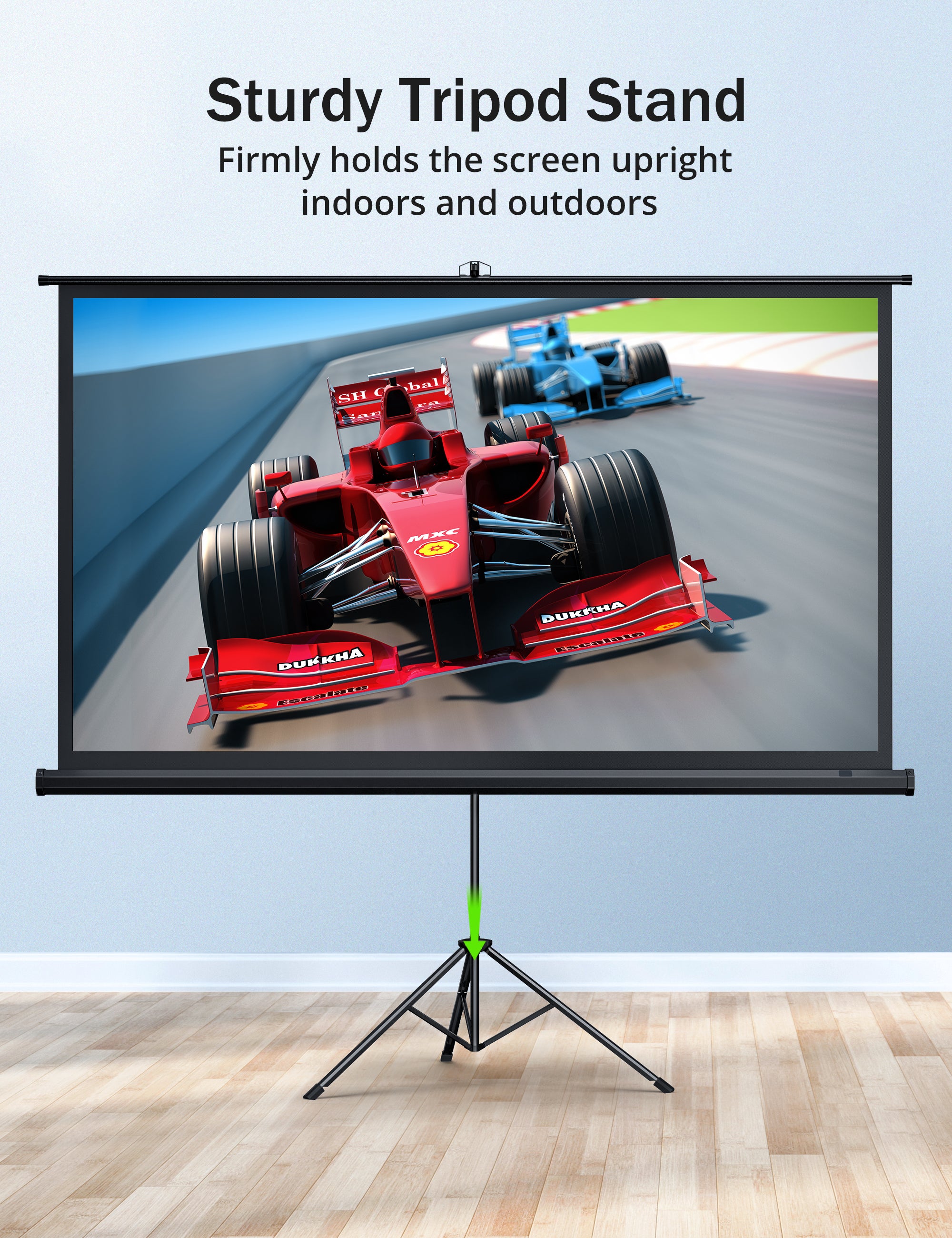 sturdy tripod stand,firmly holds the screen upright indoors and outdoors.