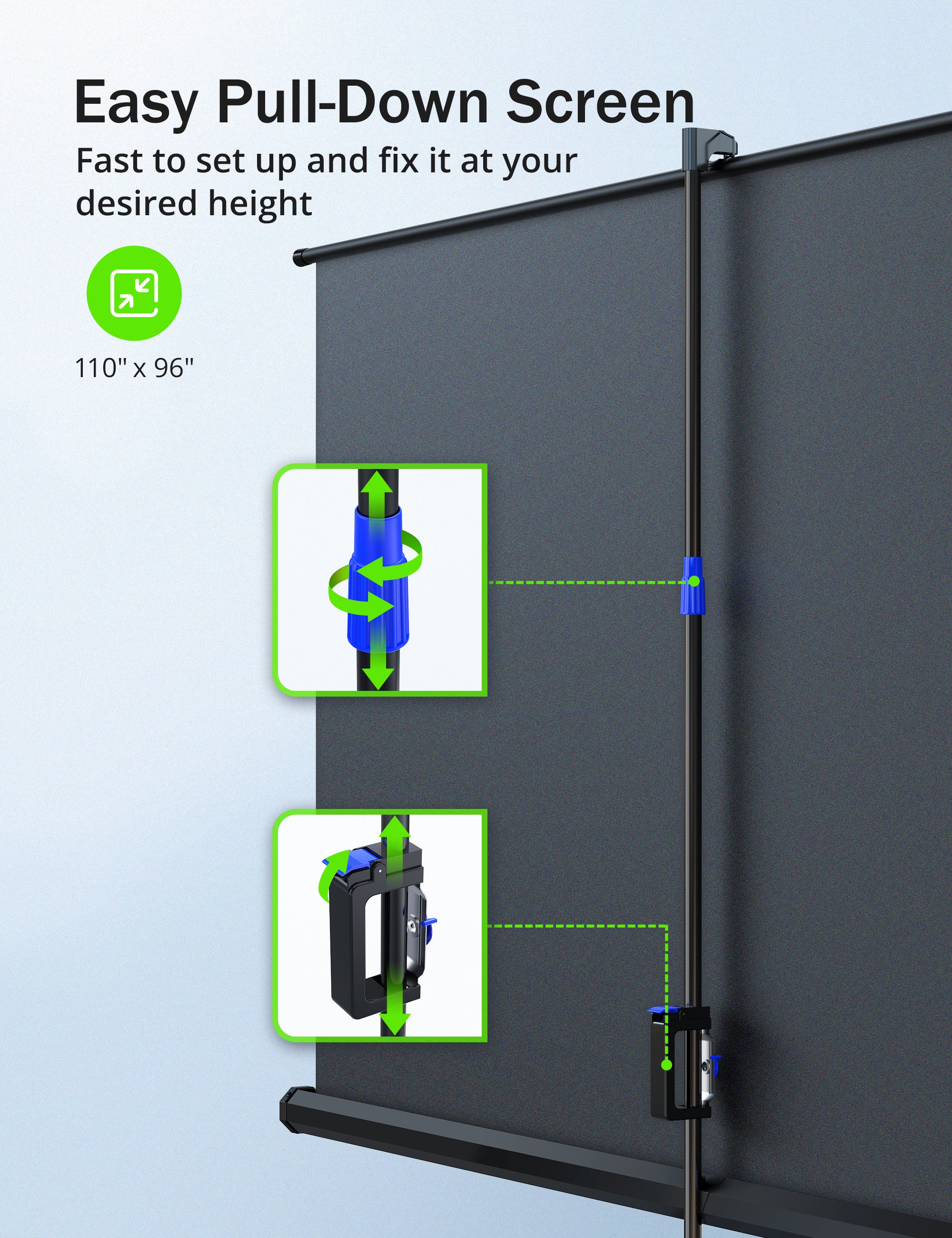 easy pull down screen,fast to set up and fix it at your desired height.