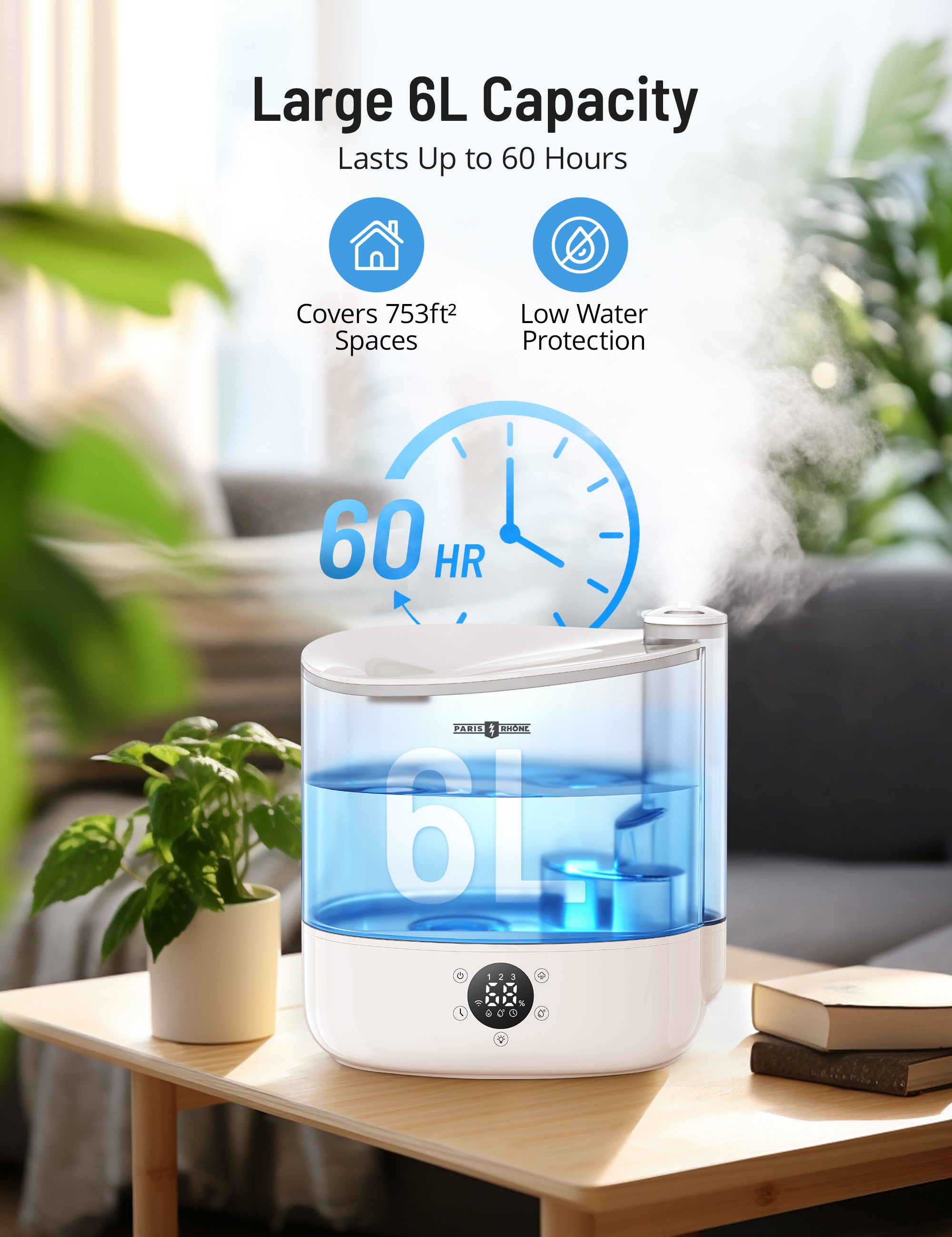 large 6L capacity lasts up to 60 hours,covers 753 ft² spaces,low water protection.