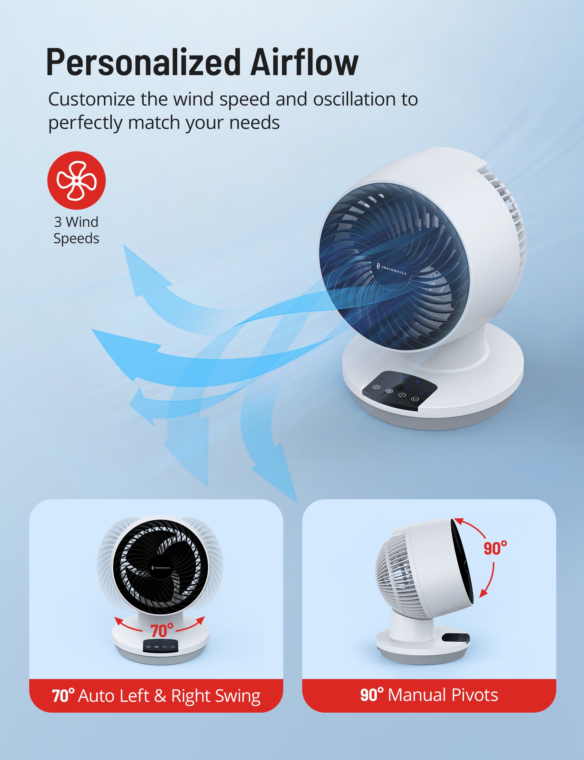 Taotronics Desk Fan with Remote, Cover 161sq.ft, 3 Speeds 8" Oscillating Smart Touch Quiet Air Circulator Fan White WM