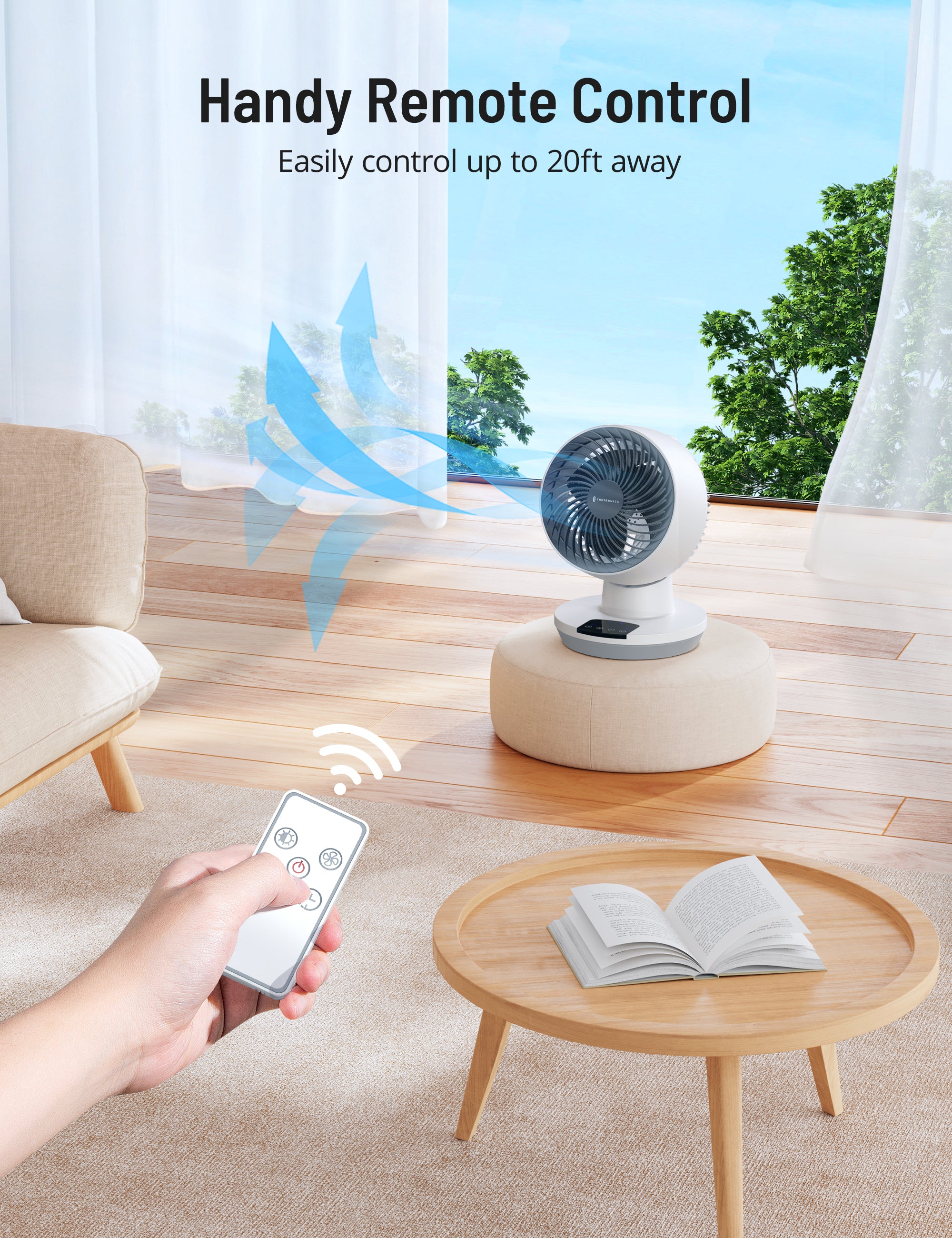 Taotronics Desk Fan with Remote, Cover 161sq.ft, 3 Speeds 8" Oscillating Smart Touch Quiet Air Circulator Fan White WM