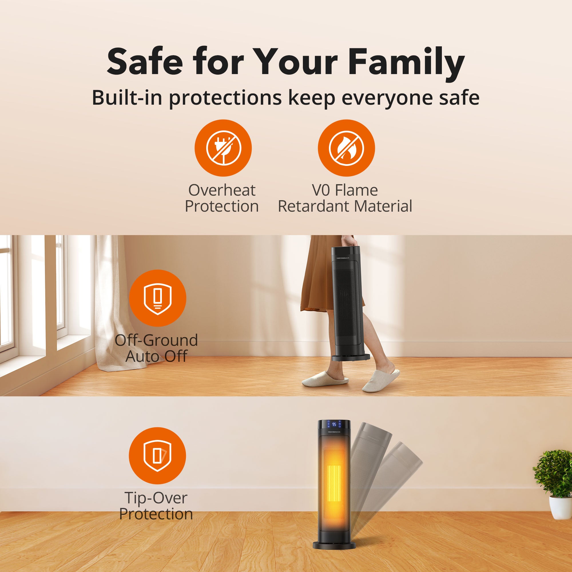 TaoTronics 22” Electric Space Heater 018, 1500W Fast Ceramic Heating with 3 Adjustable Heat Levels WM