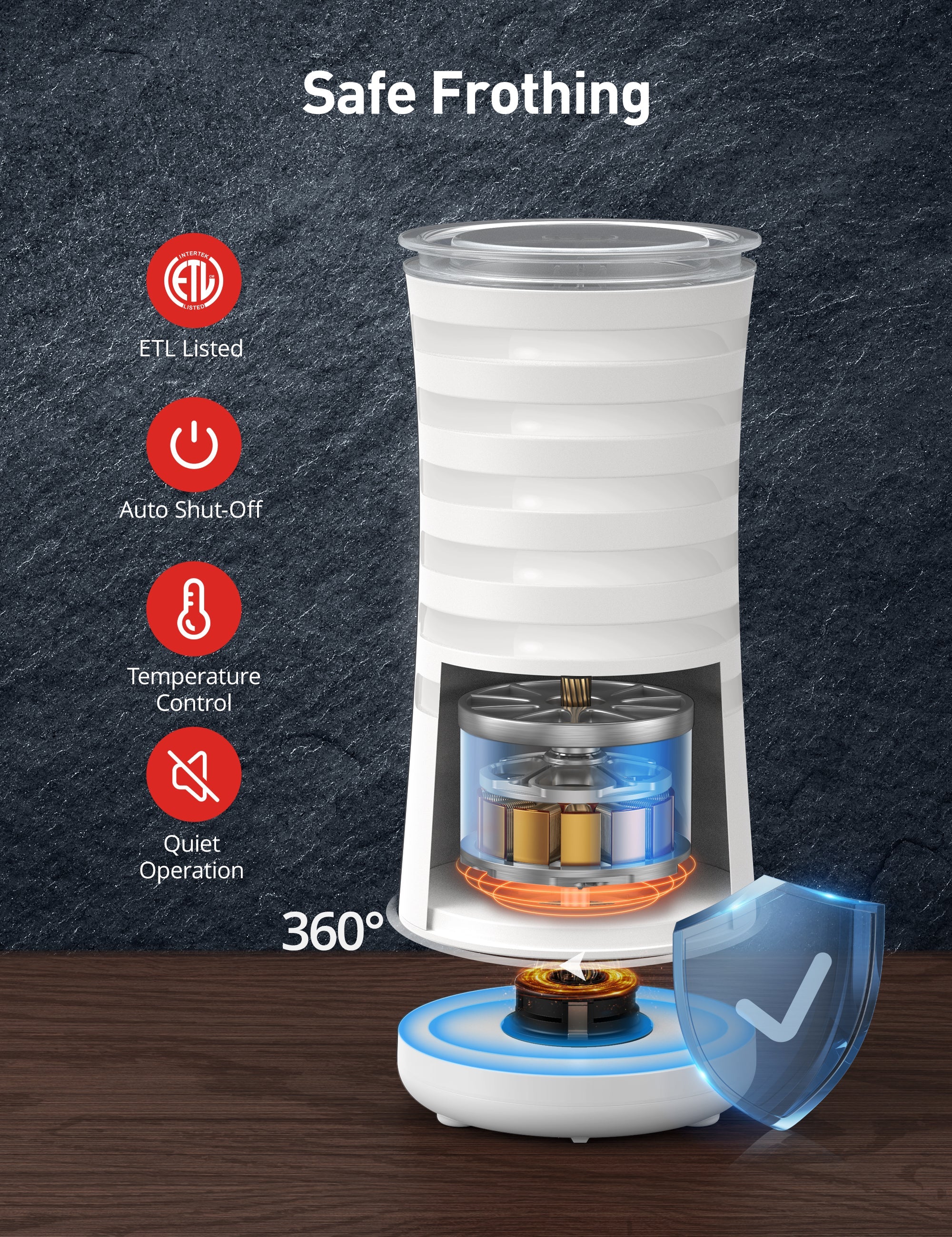 safe frothing,etl listed,auto shut-off,temperature control,quiet operation.