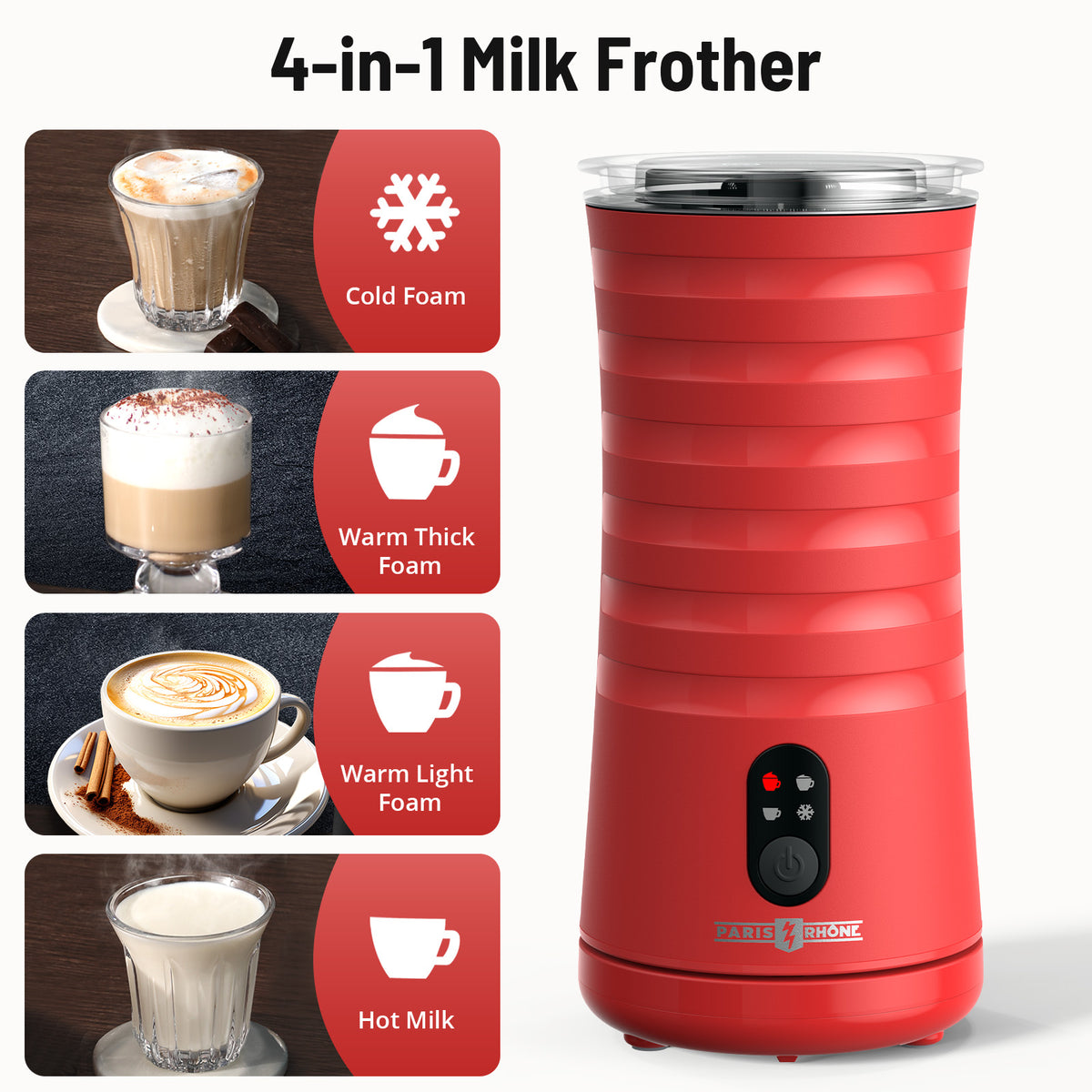PARIS RHÔNE PE-MF010 Milchaufschäumer Elektrisch, 4 in 1 Automatische Milchschäumer
Geeignet für Heißen und Kalten Milchschaum, Warme Milch, Sichtkochdeckel, Abschaltautomatik, Leichtgewichtig