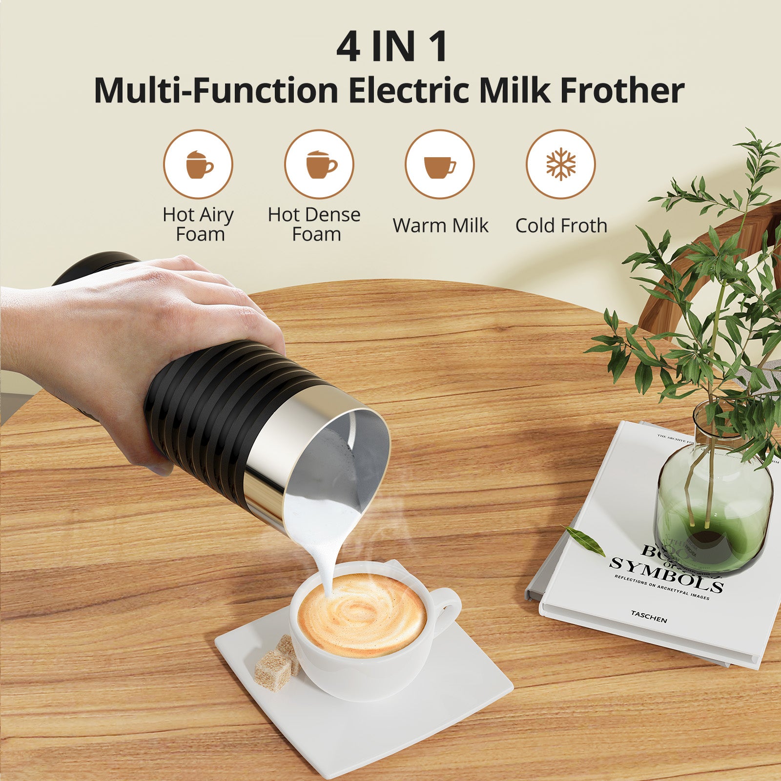 4 in 1 multi-function electric milk frother,hot airy foam,hot dense foam,warm milk,cold froth.