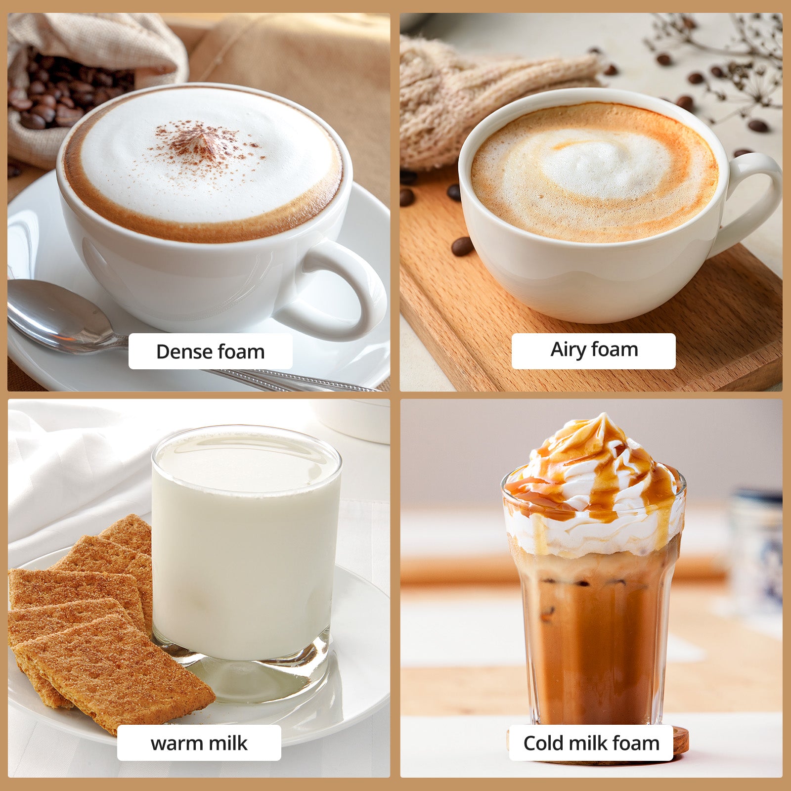 dense foam,airy foam,warm milk,cold milk foam