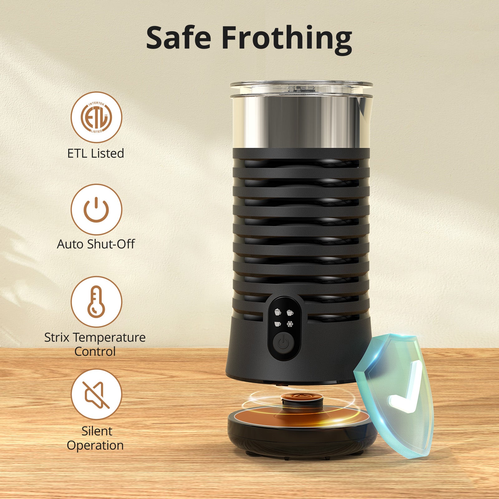 safe frothing, etl listed,auto shut-off,strix temperature control,silent operation.