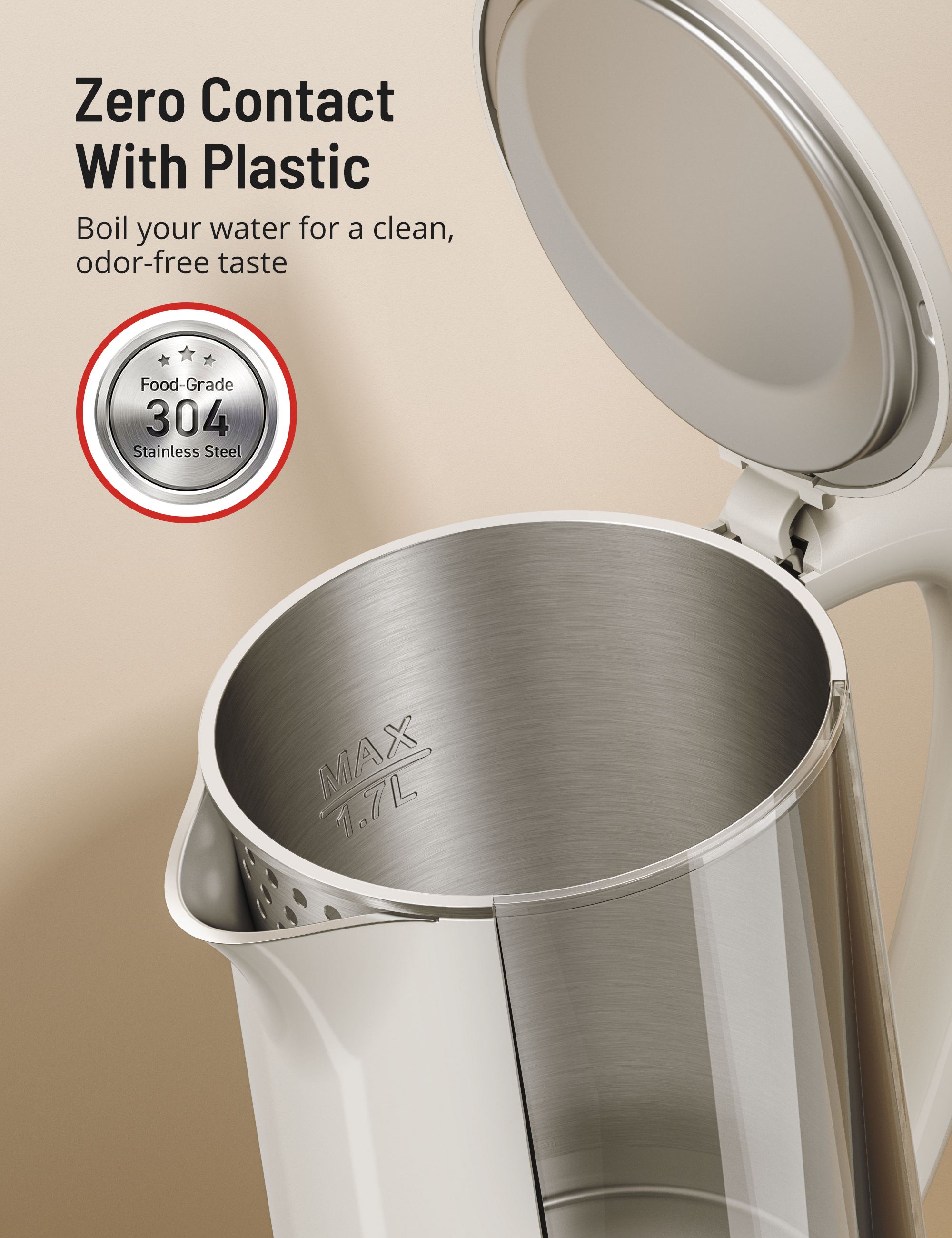 zero contact with plastic boil your water for a clean odor-free taste.
food-grade 304 stainless steel.
