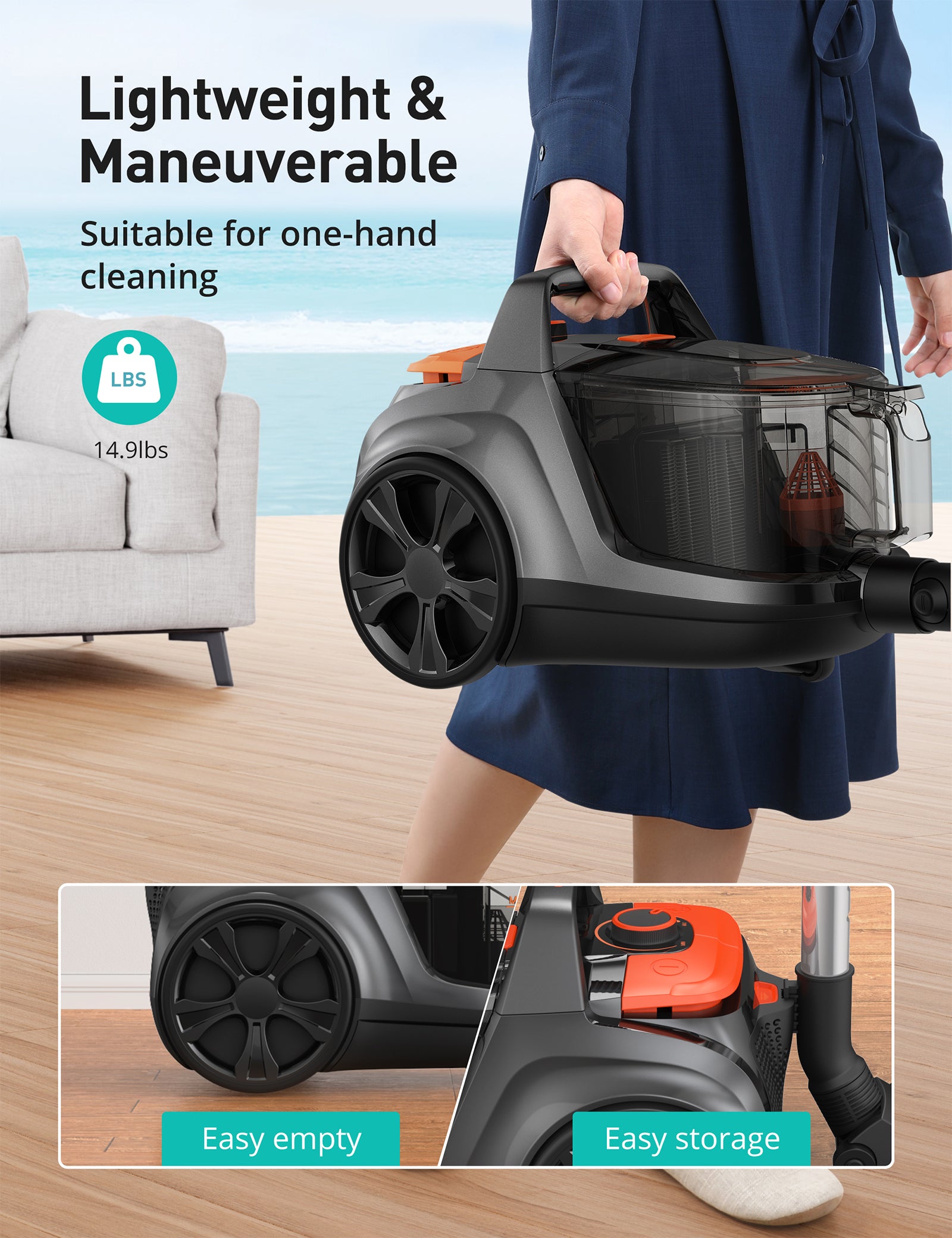 Canister Vacuum Cleaner, 1200W 3.6QT Bagless Vacuum, Turbo Brush, Double HEPA Filter ca006 WM
