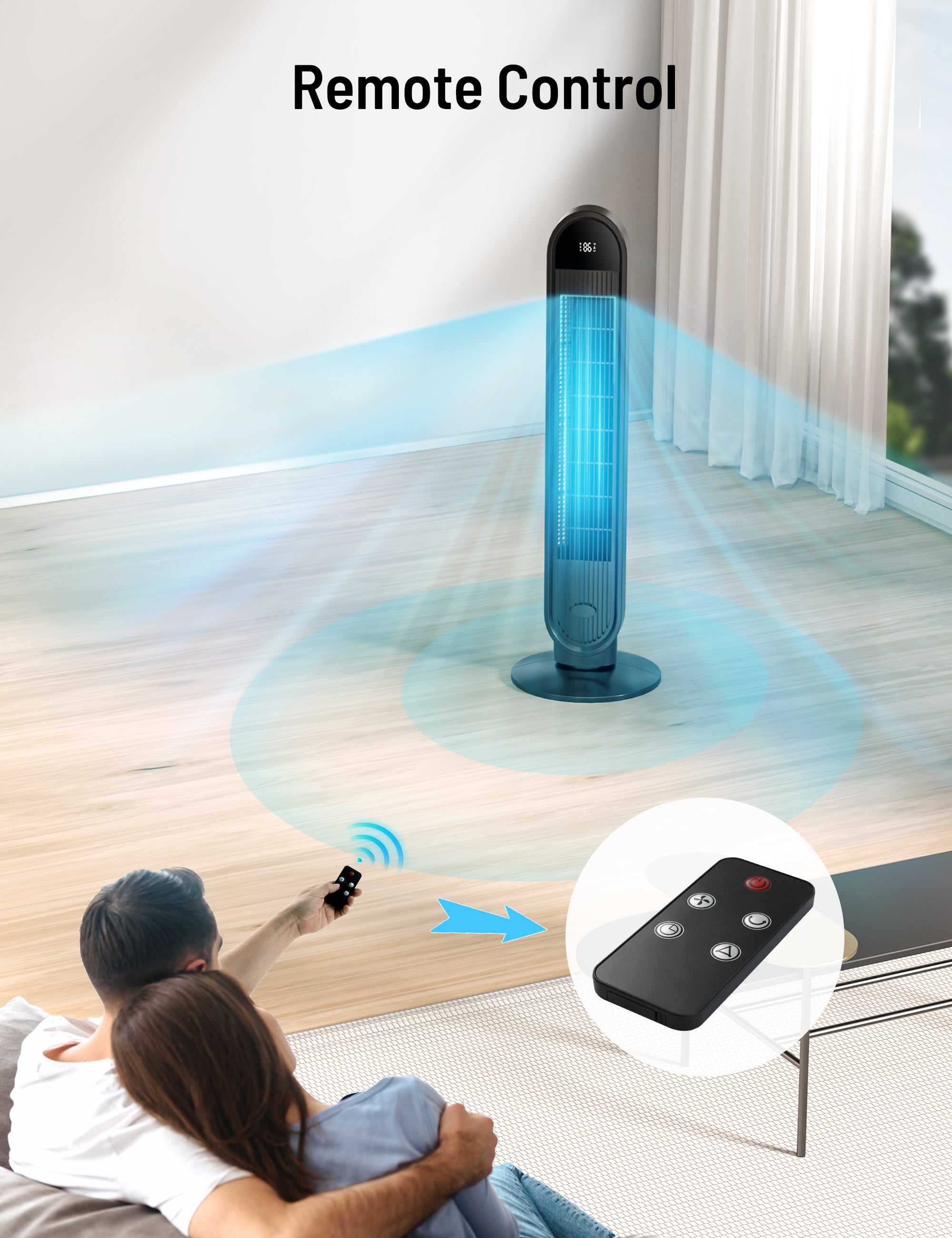 Tower Fan, 38” Oscillating Tower Fan with Remote, LED Display Cooling Tower Fan, Air Conditioner Bladeless Fan for Bedroom, Living Room, Offices & Kitchen TF033 WM