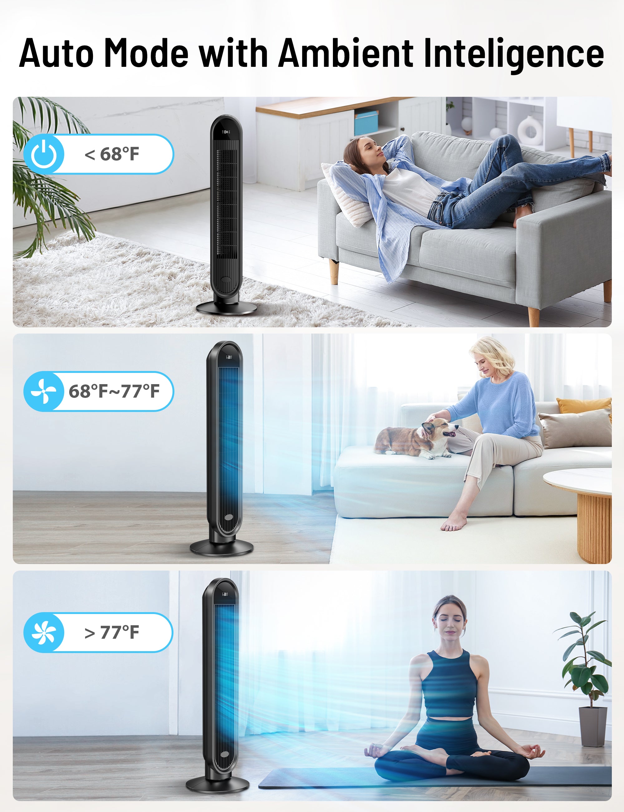 An air conditioner tower fan with automatic adjustment of wind power according to temperature.