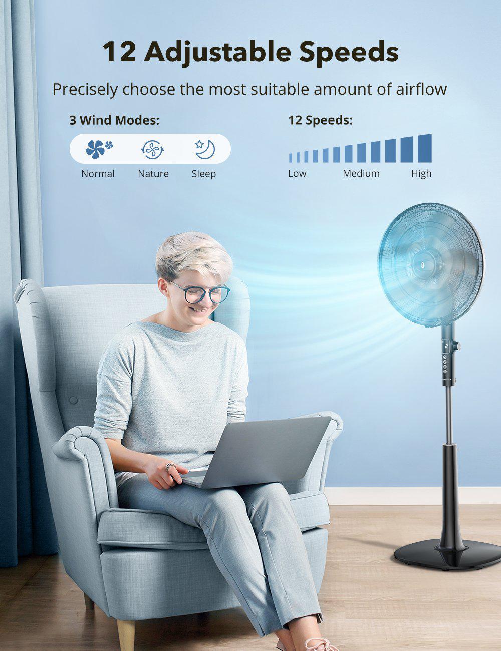 Pedestal Fan 010, with Remote, 3 Wind Modes, 12 Speed Levels WM