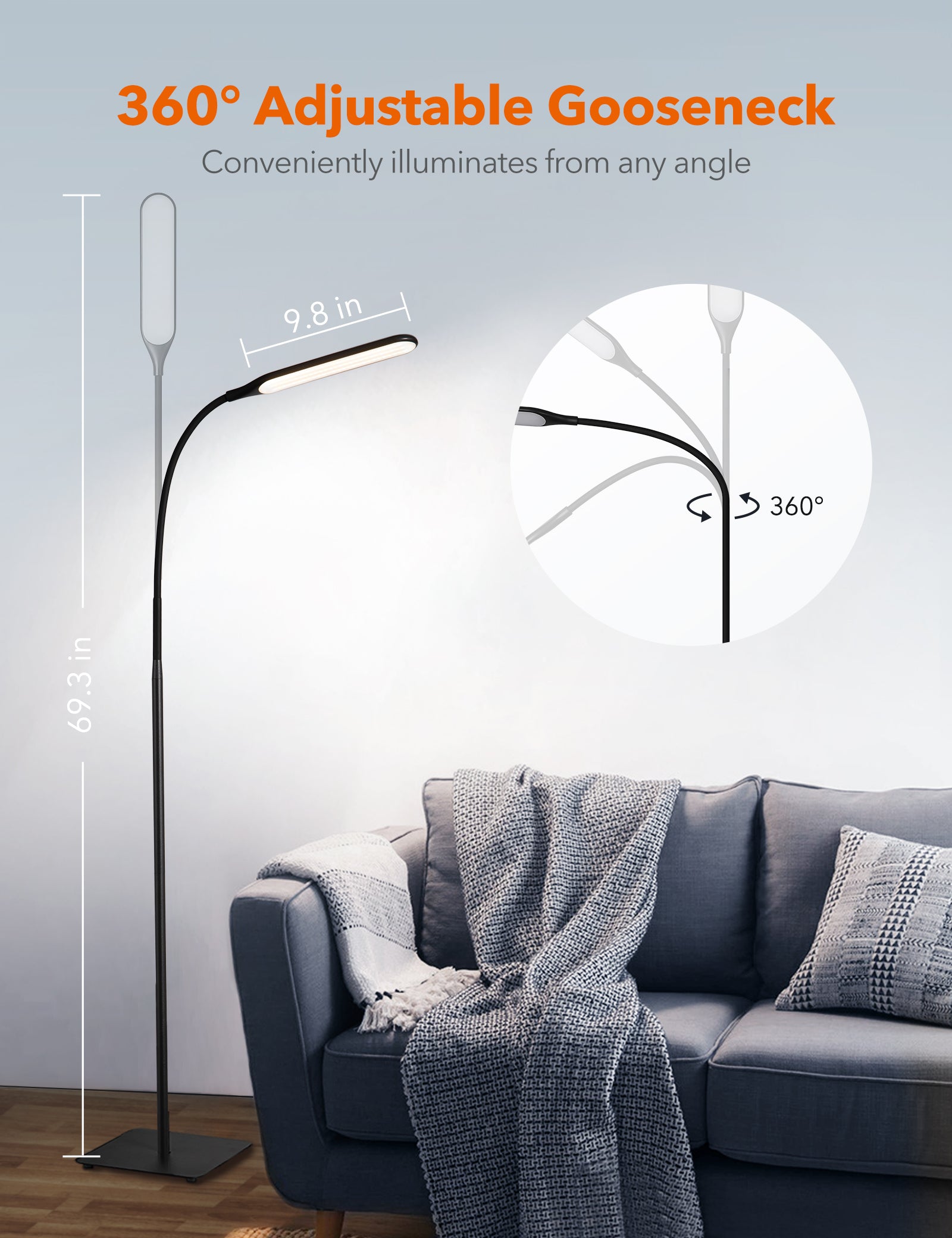 TaoTronics LED metal Gooseneck Floor lamp TT-DL072, Large 69.3" Minimalism Modern with Stable and Weighted Base WM