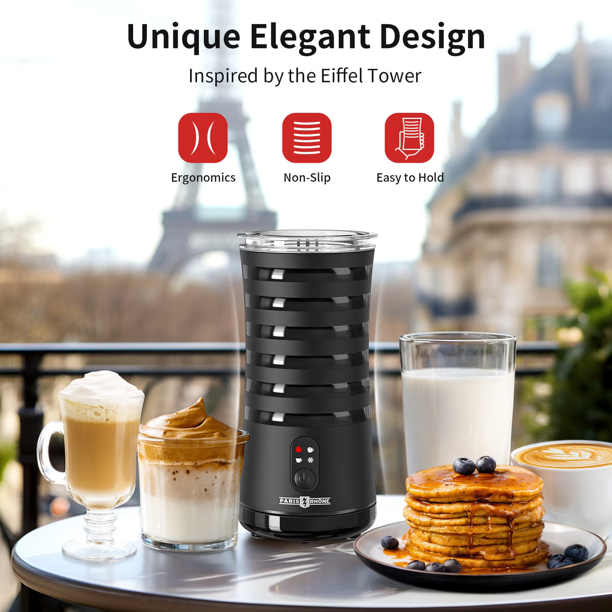 Milk Frother, TaoTronics 4-in-1 Electric Coffee Frother, Non-Slip Stylish Design, Hot & Cold Milk Steamer with Temperature Control, Auto Shut-Off for Latte, Cappuccino, Macchiato