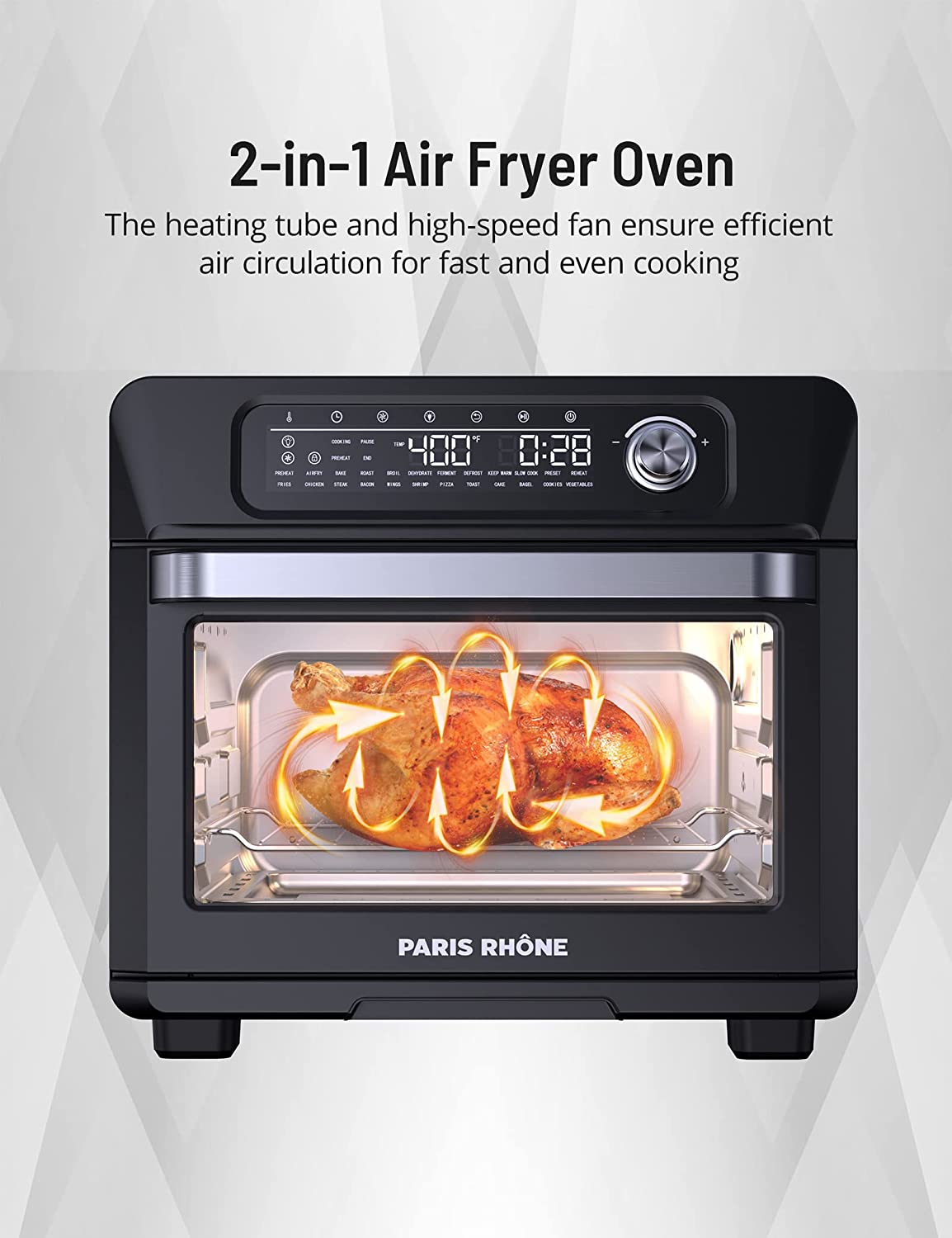 2-in-1 air fryer oven,the heating tube and high-speed fan ensure efficient air circulation for fast and even cooking.