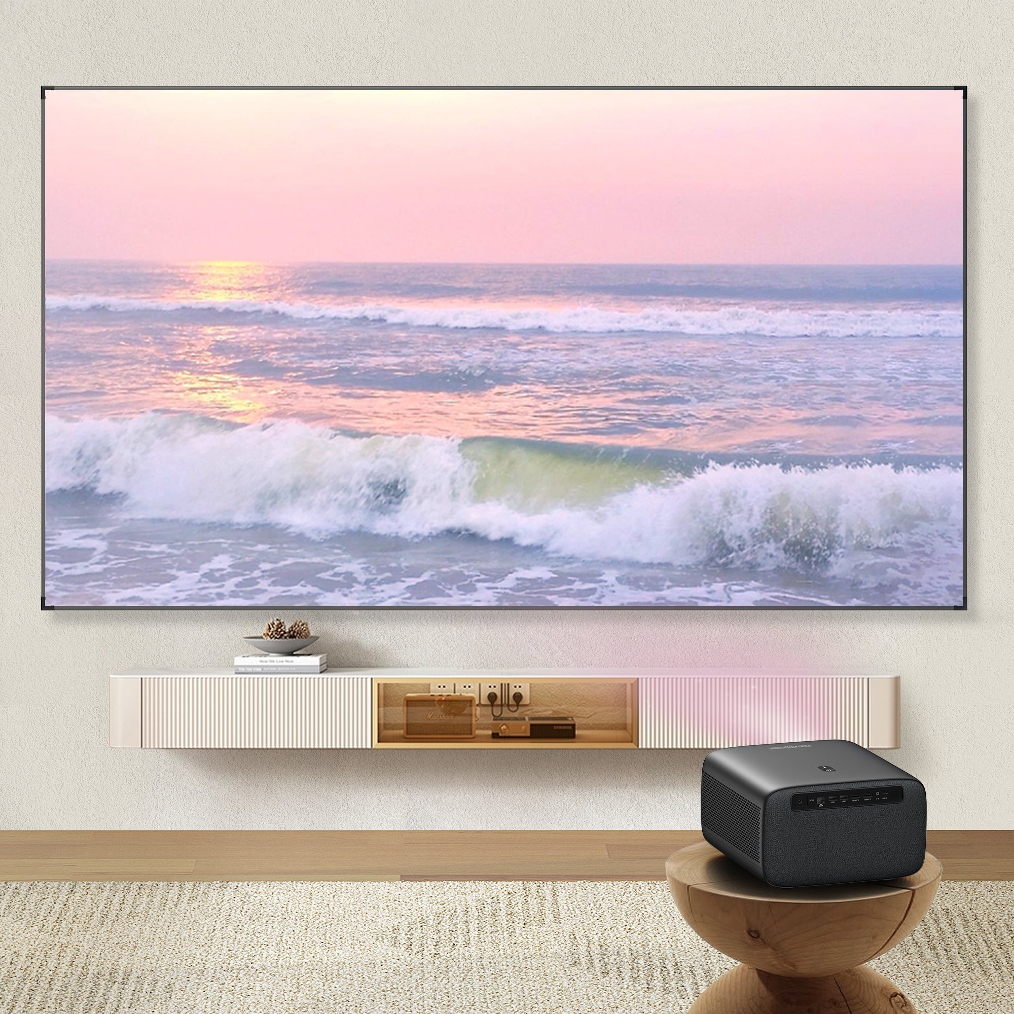 Paris Rhône SP005 True 4K Ultra HD Projector, 600 ANSI Lumens, 12w*2 3D Soundscape, Curtain Bundle