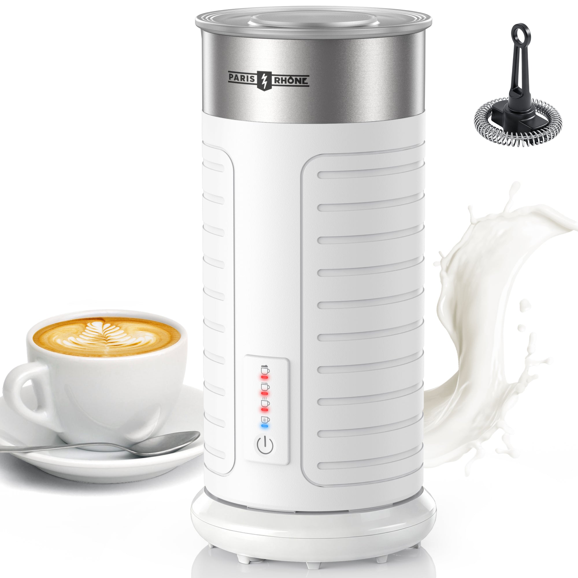 Stainless Steel MF017 Milk Frother, Waterproof & Fully Dishwasher Safe, 4 Modes for Hot/Cold Foam, Latte, Cappuccino, One-Touch Operation, Ergonomic Grip, Compact Coffee Maker