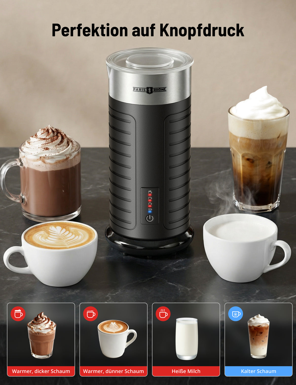 PARIS RHÔNE Waterproof Milk Frother, Electric 4-in-1 Hot/Cold Foam Maker, Dishwasher Safe | Milk Steamer & Warmer for Latte Cappuccino | 2 Whisks | Auto Shut-Off | Stainless Steel