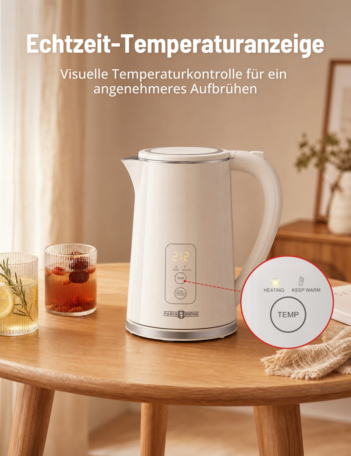 PARIS RHÔNE PE-EK022 Wasserkocher mit Temperatureinstellung, 1,7L Wasserkocher,
6 Voreinstellungen, 4H Warmhaltefunktion & 2200W Schnellheizung, LED-Temperaturanzeige, Edelstahl Innenraum, Trockengehschutz