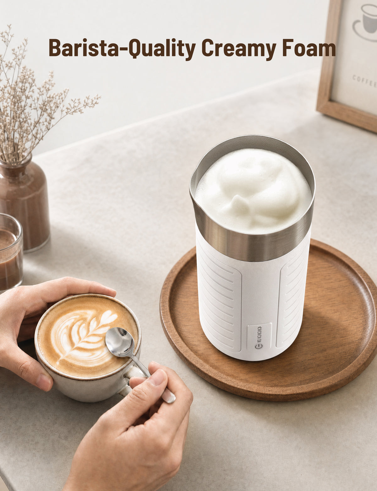 Mirdred Stainless Steel MF017 Milk Frother, Waterproof & Fully Dishwasher Safe, 4 Modes for Hot/Cold Foam, Latte, Cappuccino, One-Touch Operation, Ergonomic Grip, Compact Coffee Maker