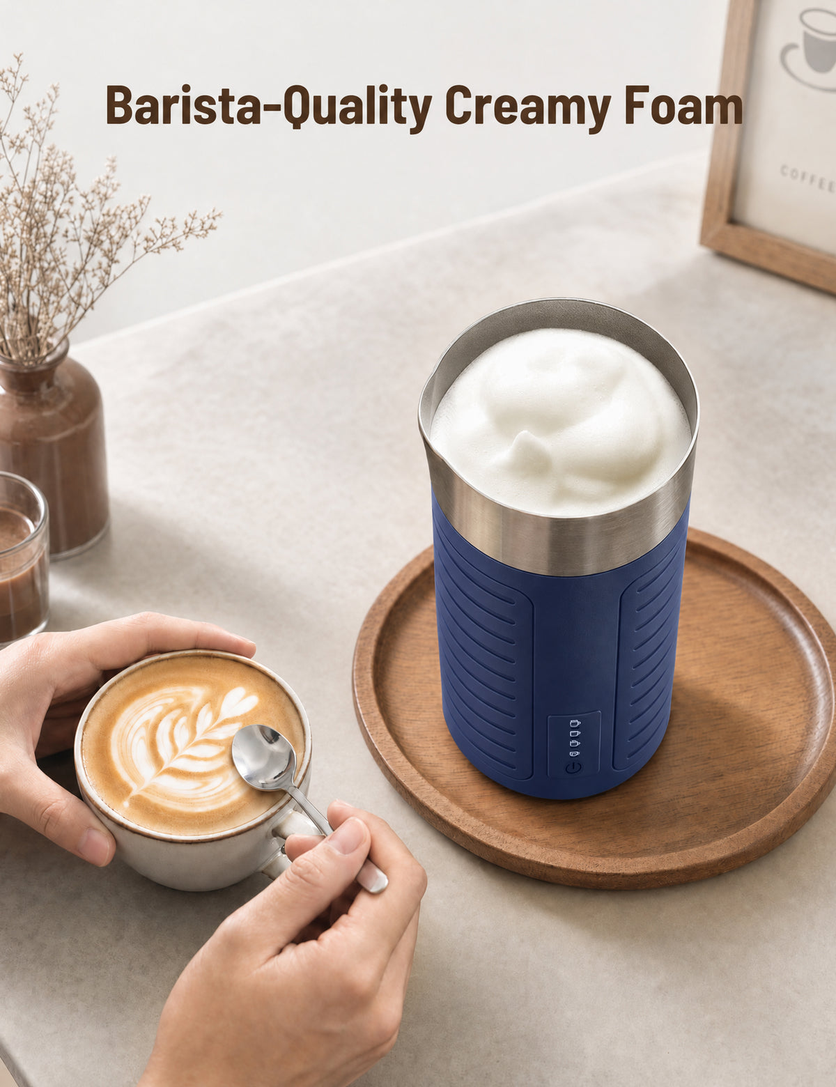 Stainless Steel MF017 Milk Frother, Waterproof & Fully Dishwasher Safe, 4 Modes for Hot/Cold Foam, Latte, Cappuccino, One-Touch Operation, Ergonomic Grip, Compact Coffee Maker