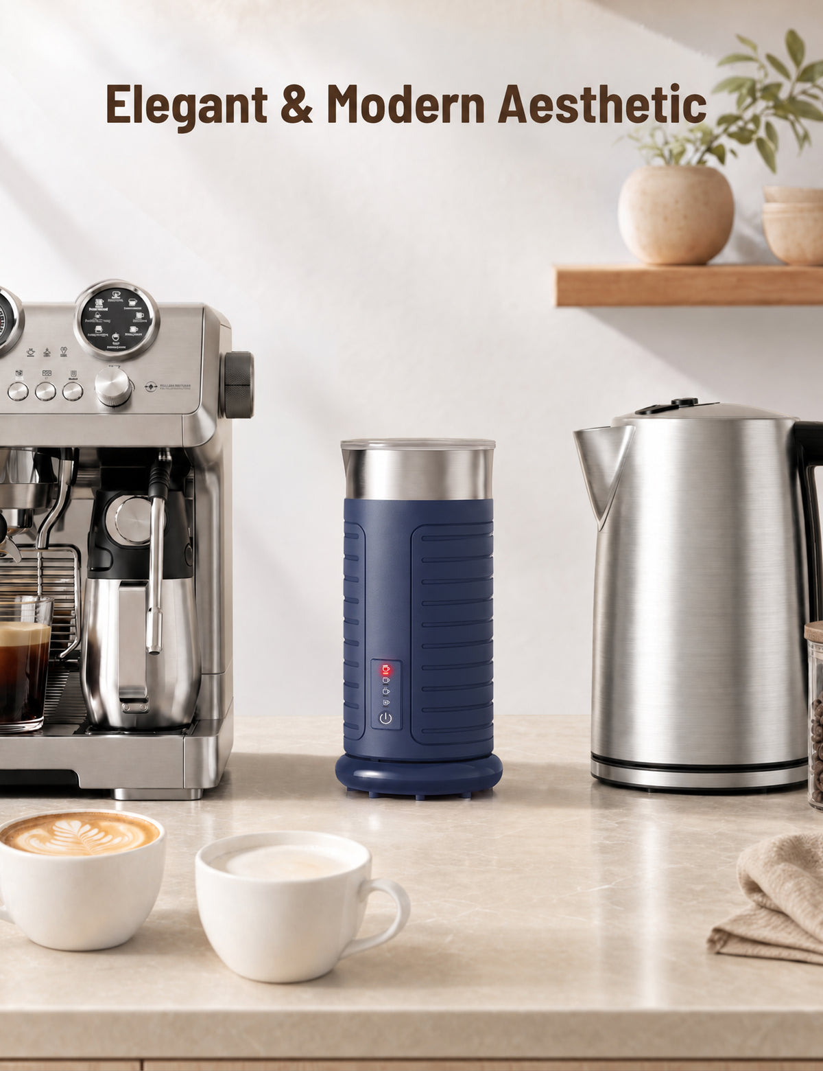 Stainless Steel MF017 Milk Frother, Waterproof & Fully Dishwasher Safe, 4 Modes for Hot/Cold Foam, Latte, Cappuccino, One-Touch Operation, Ergonomic Grip, Compact Coffee Maker