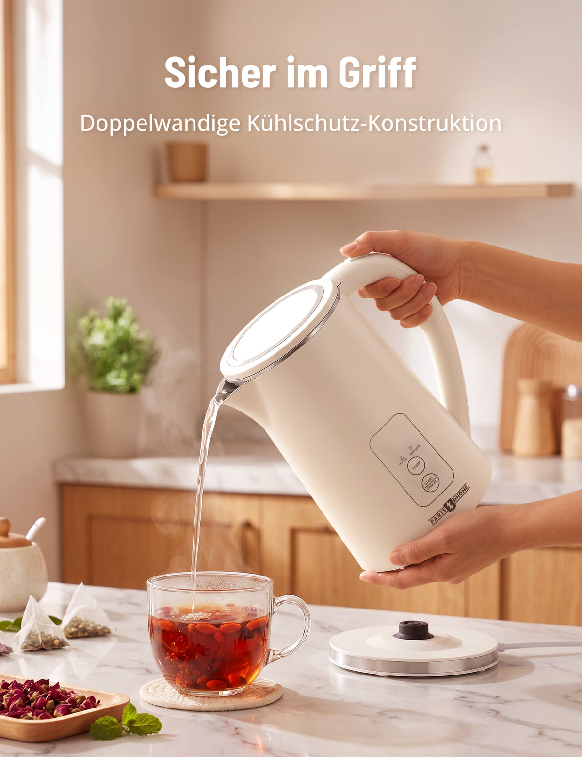PARIS RHÔNE PE-EK022 Wasserkocher mit Temperatureinstellung, 1,7L Wasserkocher,
6 Voreinstellungen, 4H Warmhaltefunktion & 2200W Schnellheizung, LED-Temperaturanzeige, Edelstahl Innenraum, Trockengehschutz
