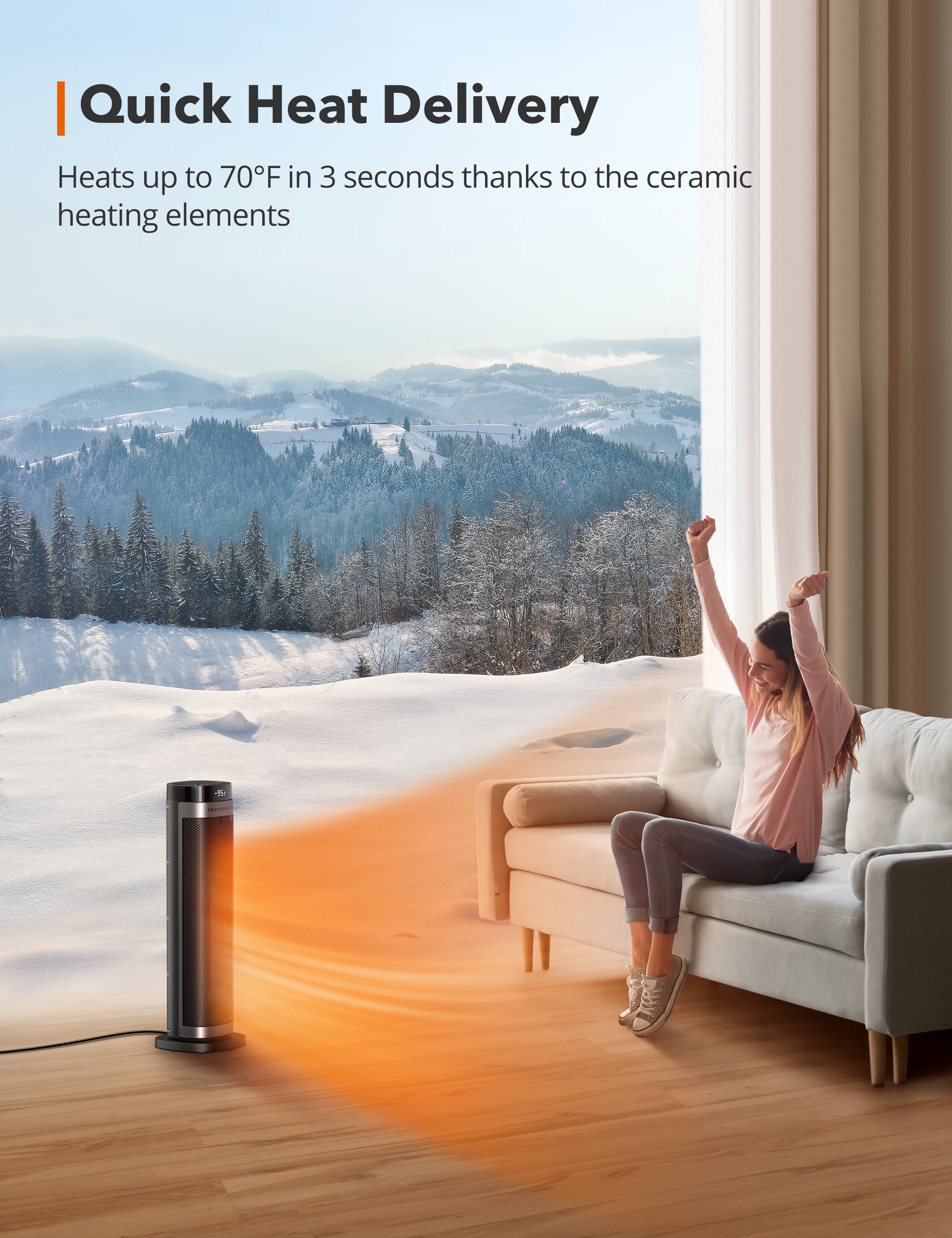 TaoTronics 24” Electric Space Heater 007, 1500W Fast Ceramic Heating with 3 Adjustable Heat Levels WM