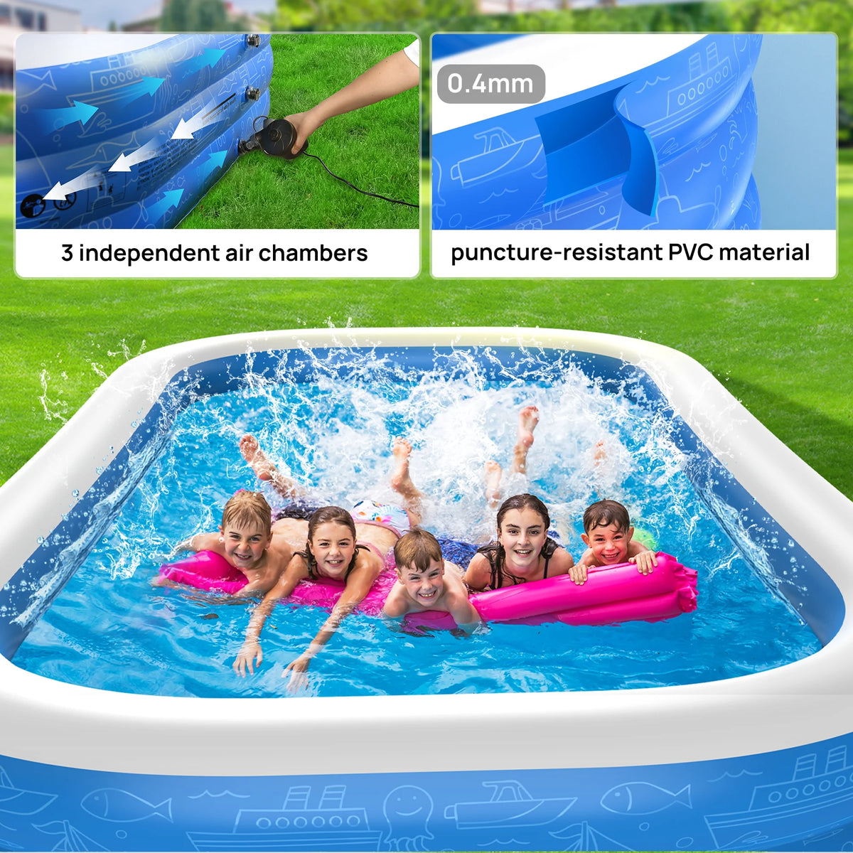 TaoTronics Inflatable Outdoor Family Large Pool for Toddlers, Kids, Adults WM