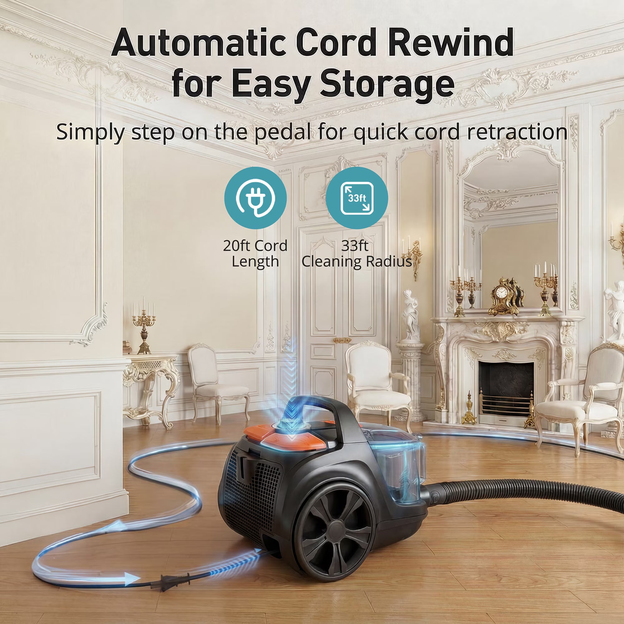 TaoTronics Canister Vacuum Cleaner, 30Kpa Powerful Suction, Bagless with 3.7QT Large Dust Cup, Auto Cord Rewind, HEPA Filter, 5 Attachments, Lightweight Vacuum for Pet Hair, Hard Floors & Car