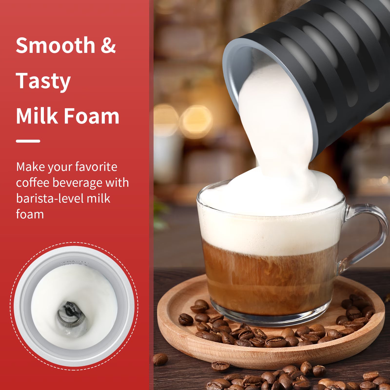 Milk Frother, TaoTronics 4-in-1 Electric Coffee Frother, Non-Slip Stylish Design, Hot & Cold Milk Steamer with Temperature Control, Auto Shut-Off for Latte, Cappuccino, Macchiato