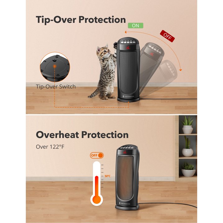 Space Heater, Ceramic Tower Heater with Eco Mode, Remote Control, 65° Oscillation, 12H Timer, Overheating & Tip-Over Protection, PTC Electric Heater for Bedroom/Living Room/ Office