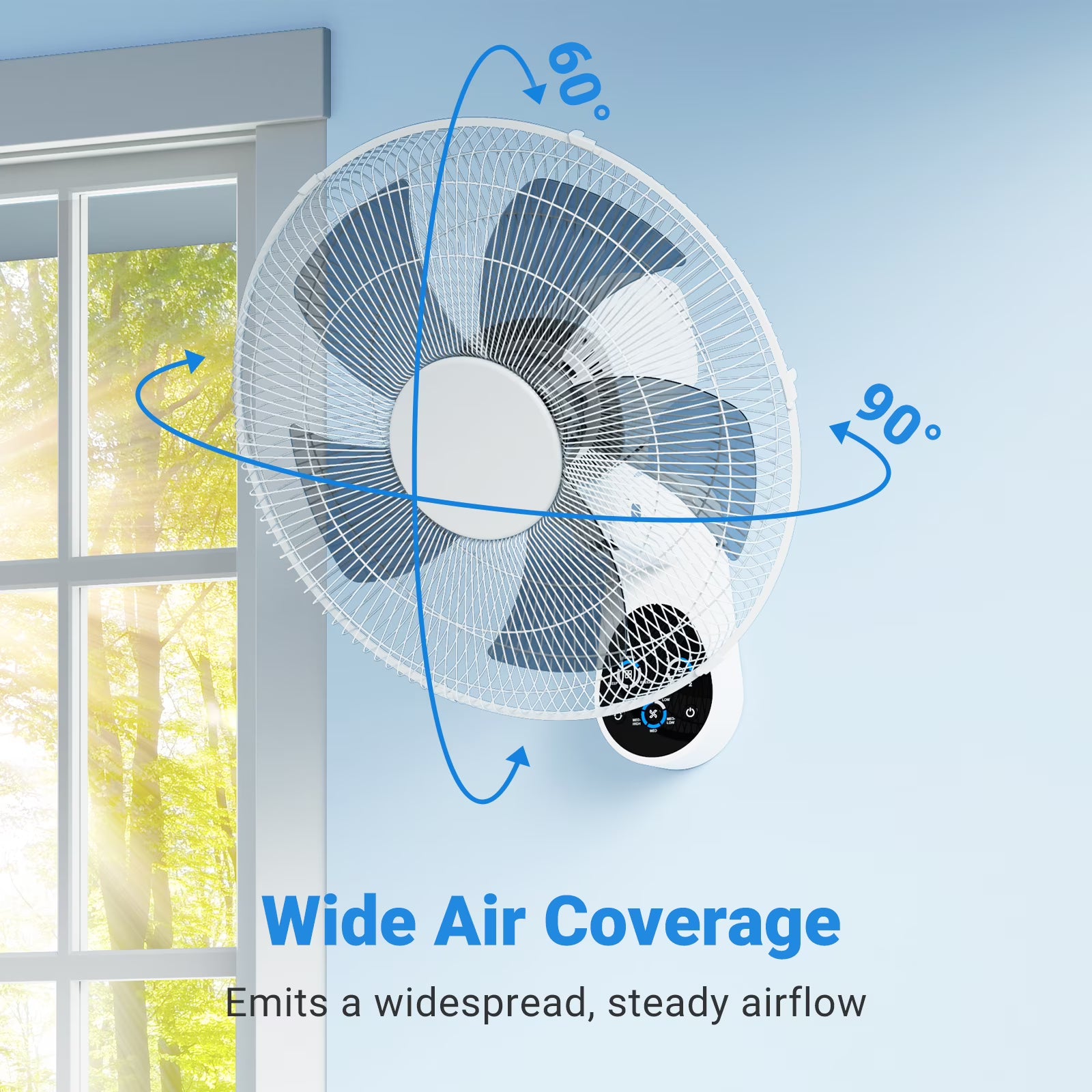 Wall-Mount Fan with Remote, TaoTronics 16 Inch Wall Fan with 3 Wind Modes, 8 Hour Timer, 90 Degree Oscillating, White
