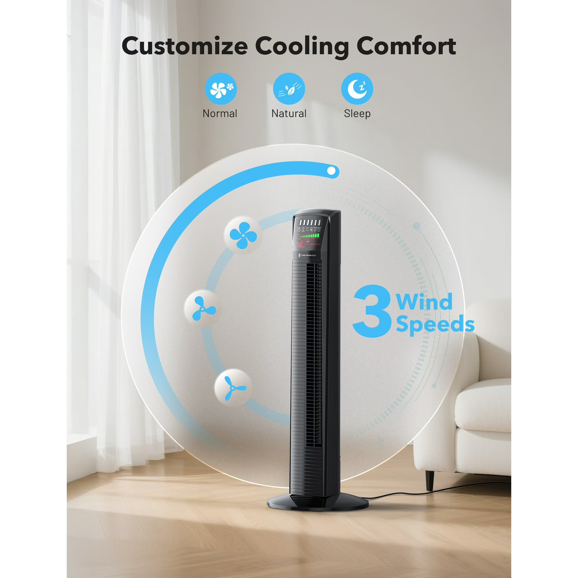 Tower Fan for Home, TaoTronics 36" Standing Floor Fan, 70° Oscillating Quiet Cooling Fan, Remote Control, 3 Modes, 3 Speeds, LED Display, 12H Timer