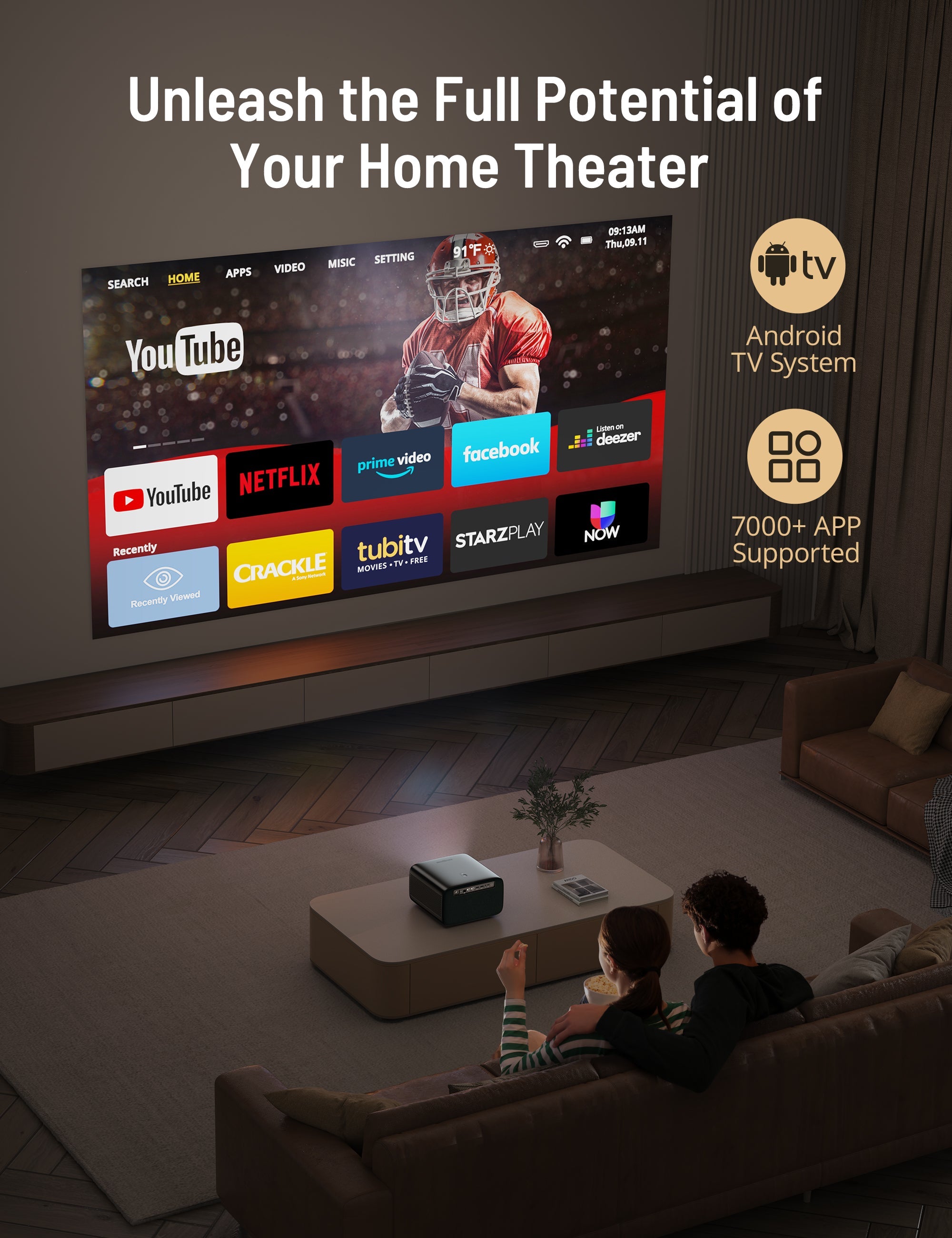 Paris Rhône SP005 4K Projector, 600 ANSI Lumens, 3D Soundscape, Android TV 9.0