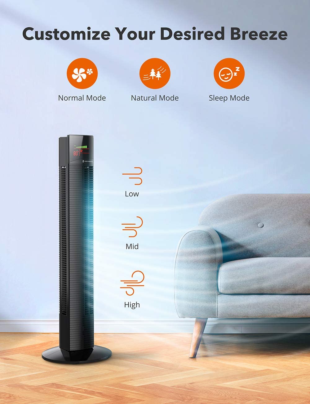 TaoTronics Tower Fan 002,36” Oscillating Tower Fan with Remote, 9 Modes, Large LED Display, 12-Hour Timer ,WM